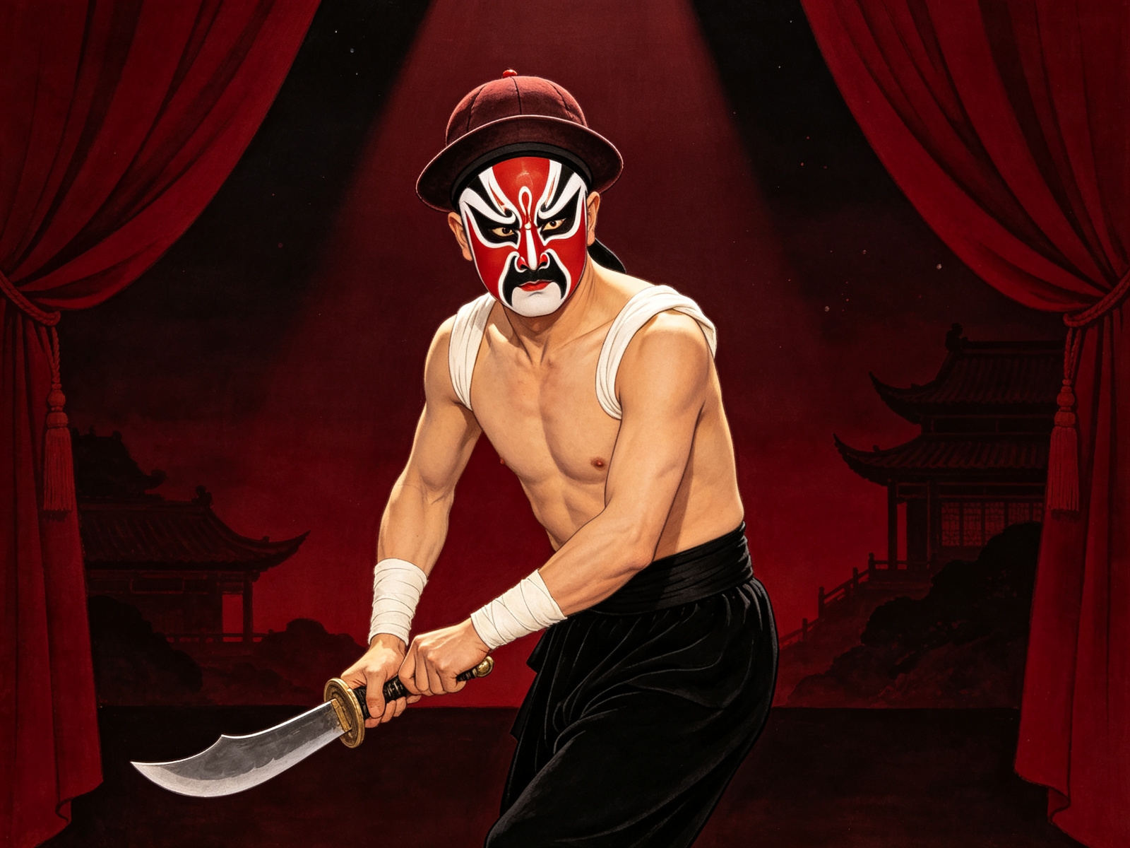 京剧《艳阳楼》勾脸武生高登，红白相间英雄脸谱、头戴软罗帽、身穿黑色短打衣，手持钢刀做醉步开打姿态