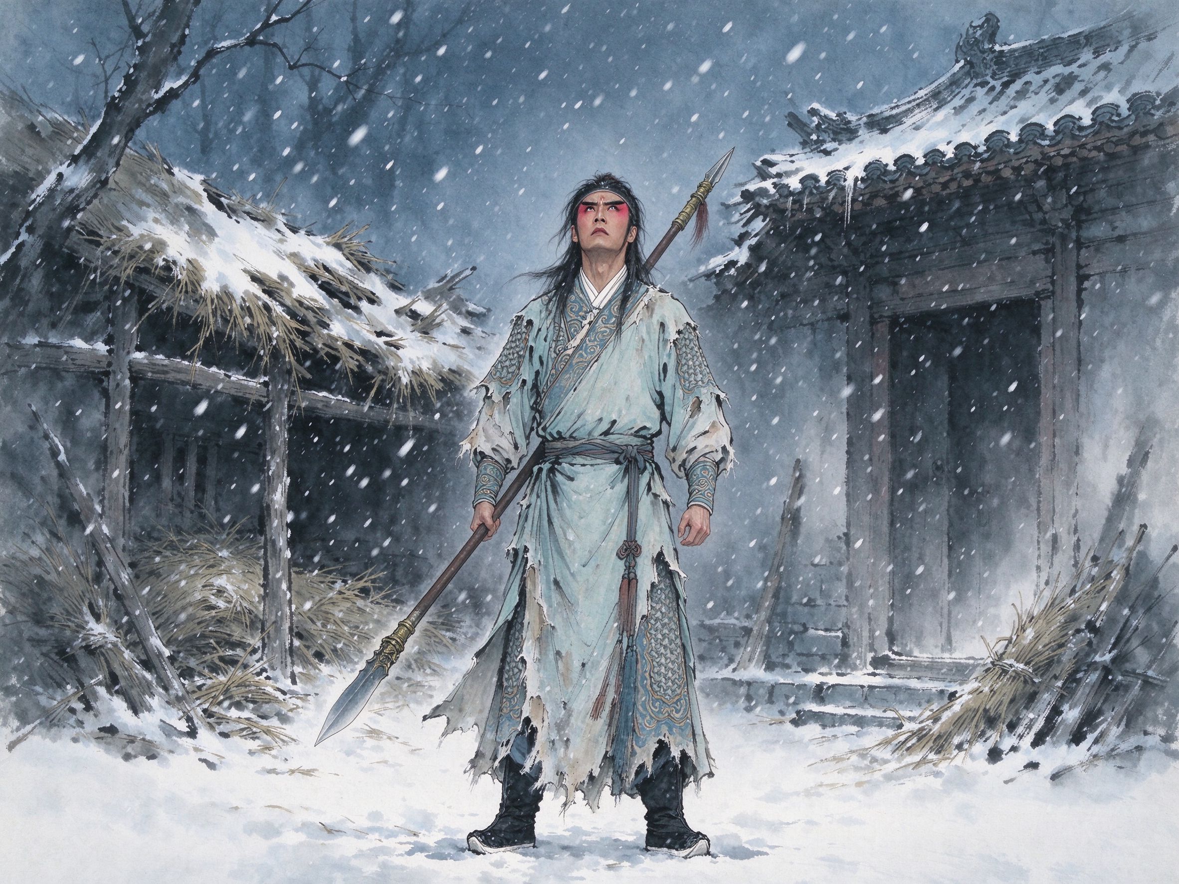 京剧《野猪林》林冲肩扛长枪独立漫天风雪山神庙前