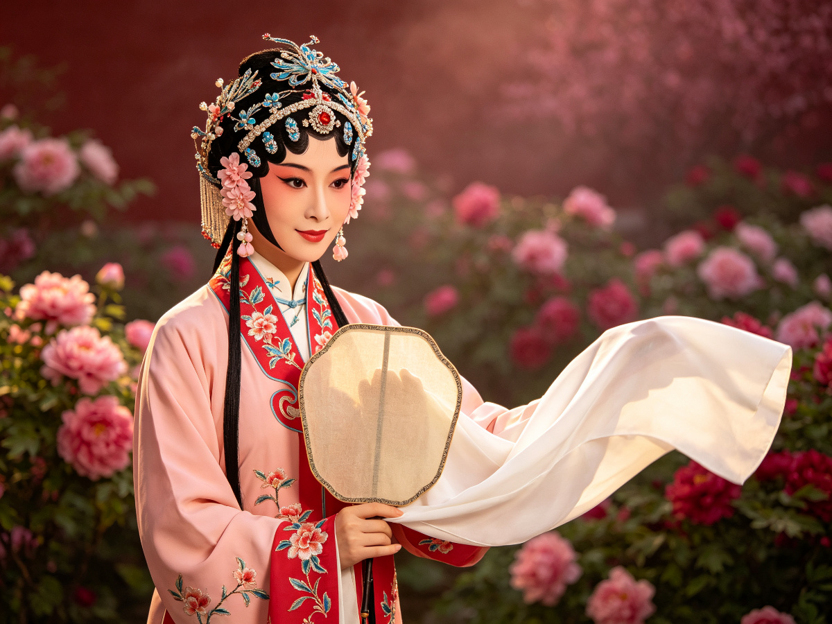 京剧《游园惊梦》旦角杜丽娘俊扮、柳叶吊梢眉、身穿淡红绣花女帔、白袖轻扬、手持团扇，含羞温柔立于牡丹花园林中