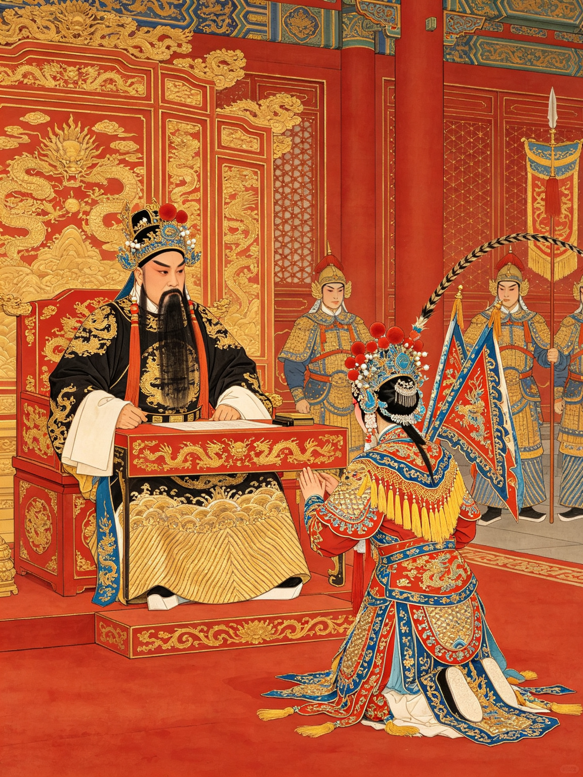 京剧辕门斩子杨延昭与穆桂英舞台艺术——杨延昭老生儒雅官衣怒坐帅案，穆桂英刀马旦华丽战甲跪地求情，辕门大营场景