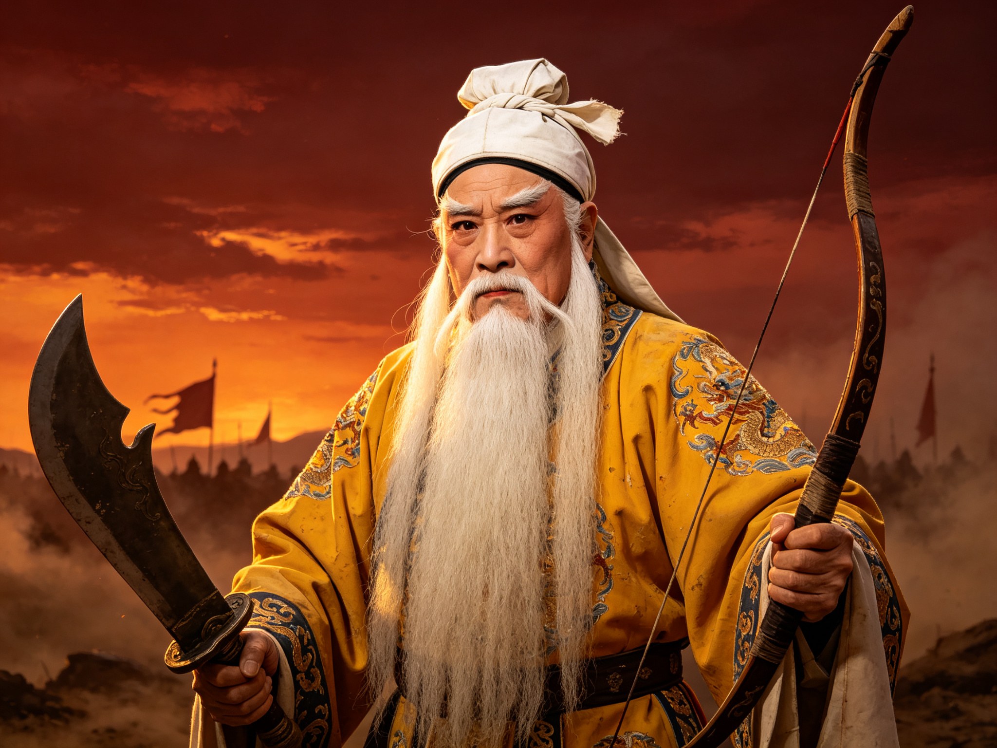 京剧《战长沙》老生黄忠白发白髯、明黄绣纹靠服，手持长弓与大刀，神情坚毅刚劲
