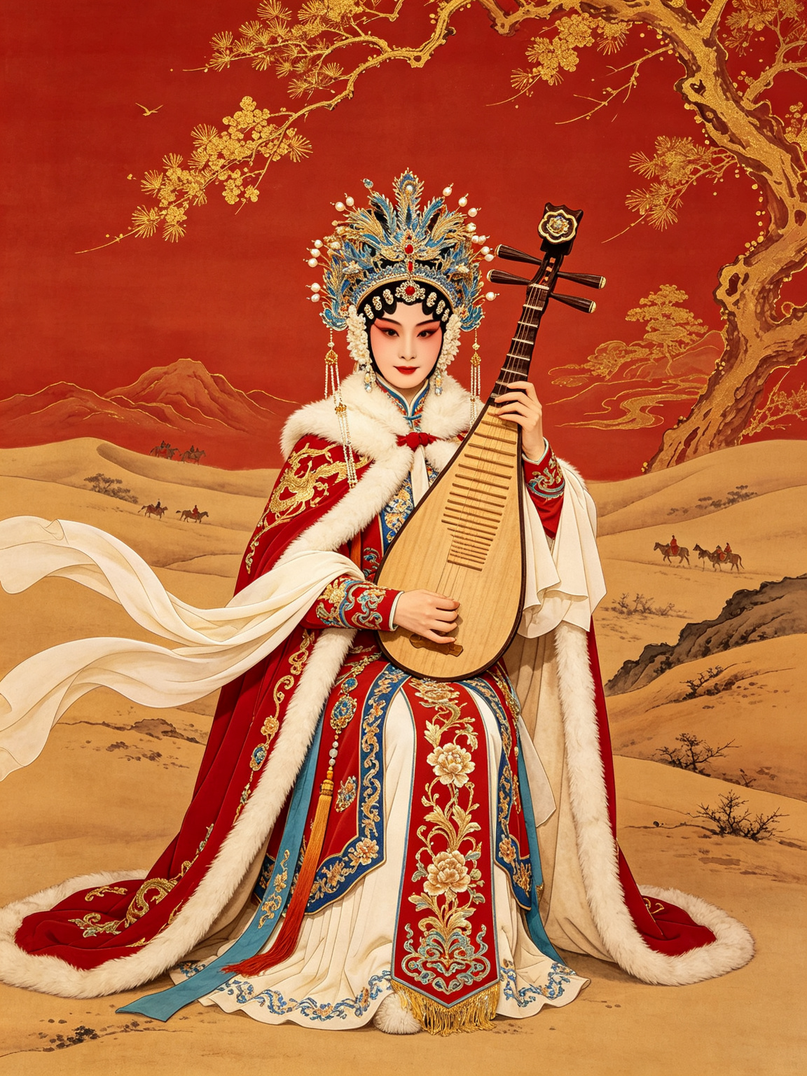 京剧昭君出塞王昭君舞台艺术——尚派刀马旦华丽披风头戴凤冠怀抱琵琶，大漠塞外背景