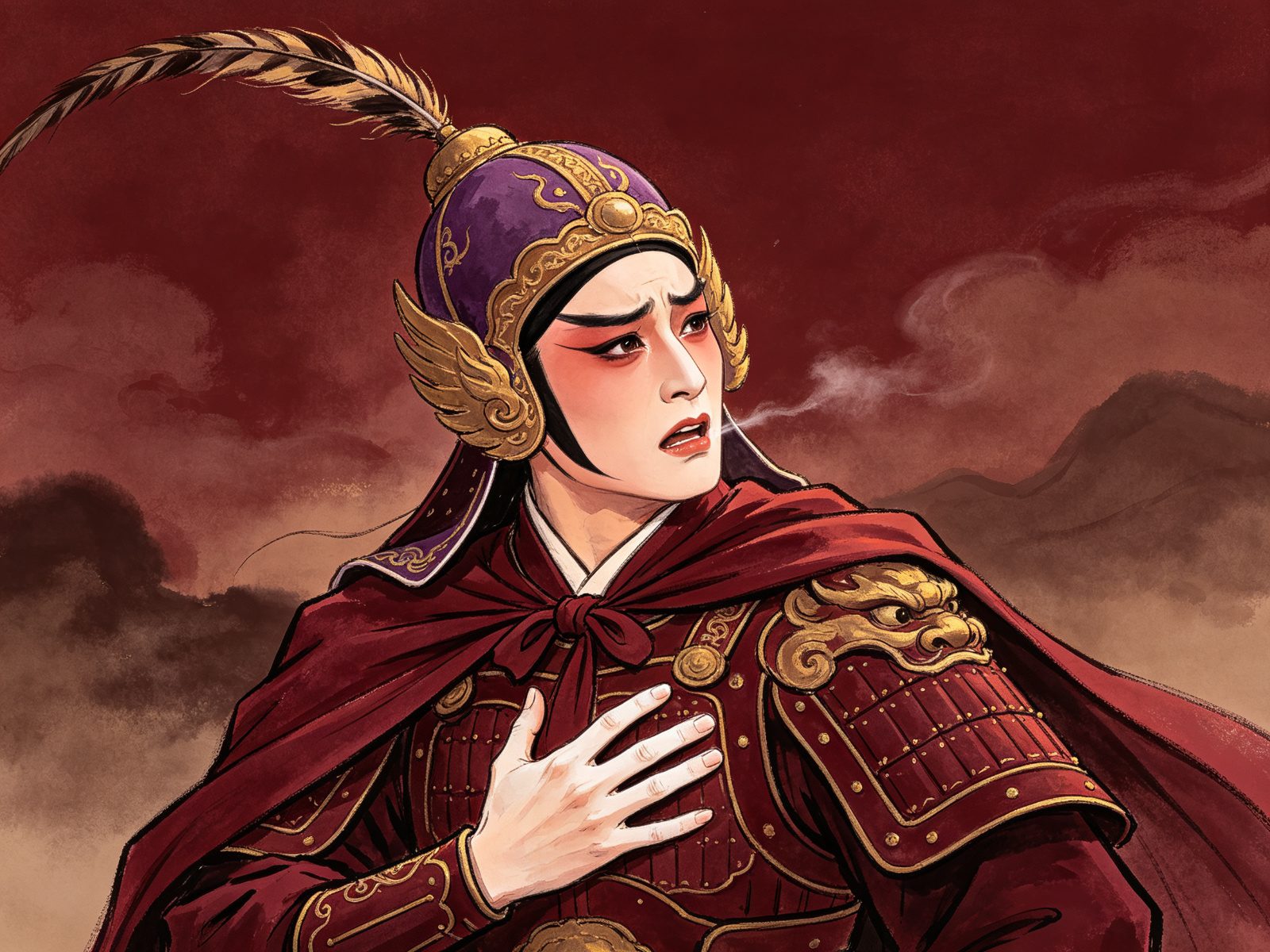 京剧《周瑜归天》小生周瑜戴插翎紫金帅盔、身穿深红铠甲，手按胸口悲愤不甘，作巴丘呕血末路之态