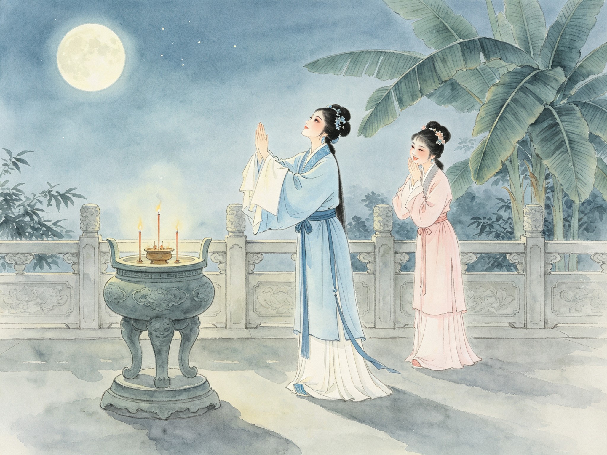 评剧《拜月记》里青衣王瑞兰淡蓝女帔在月下香炉旁拜月、小花旦蒋瑞莲浅粉衣裙掩嘴偷笑的戏曲插画