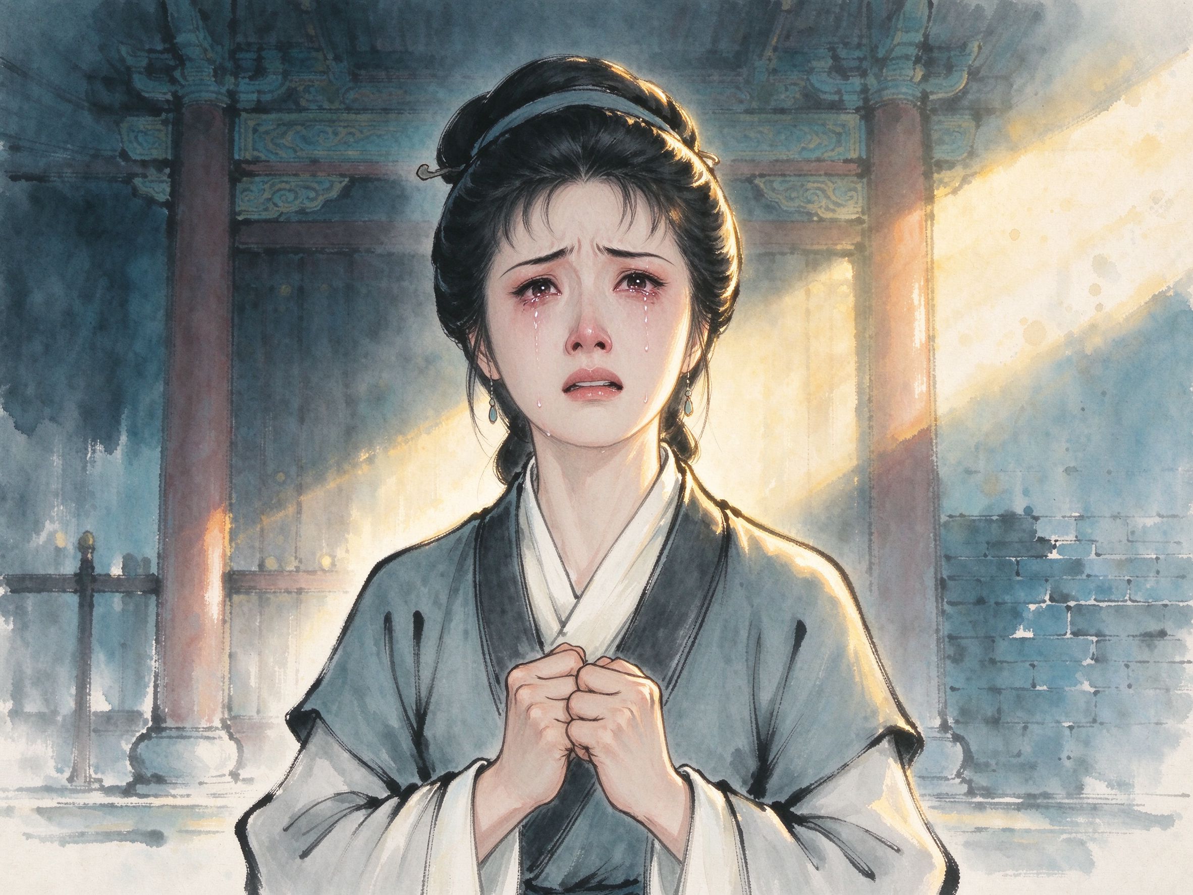 评剧《半把剪刀》陈金娥含泪立于公堂前的形象