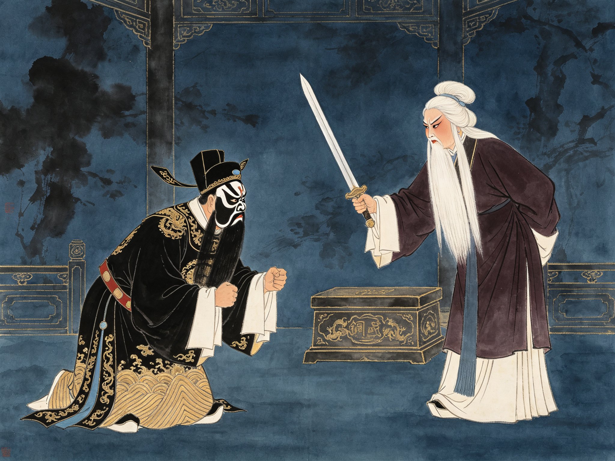 评剧《包公赔情》里黑脸花脸包拯官袍跪地拱手、白发老旦嫂娘王凤英手擎长剑怒而未下、背景长亭铜铡轮廓的工笔戏曲插画