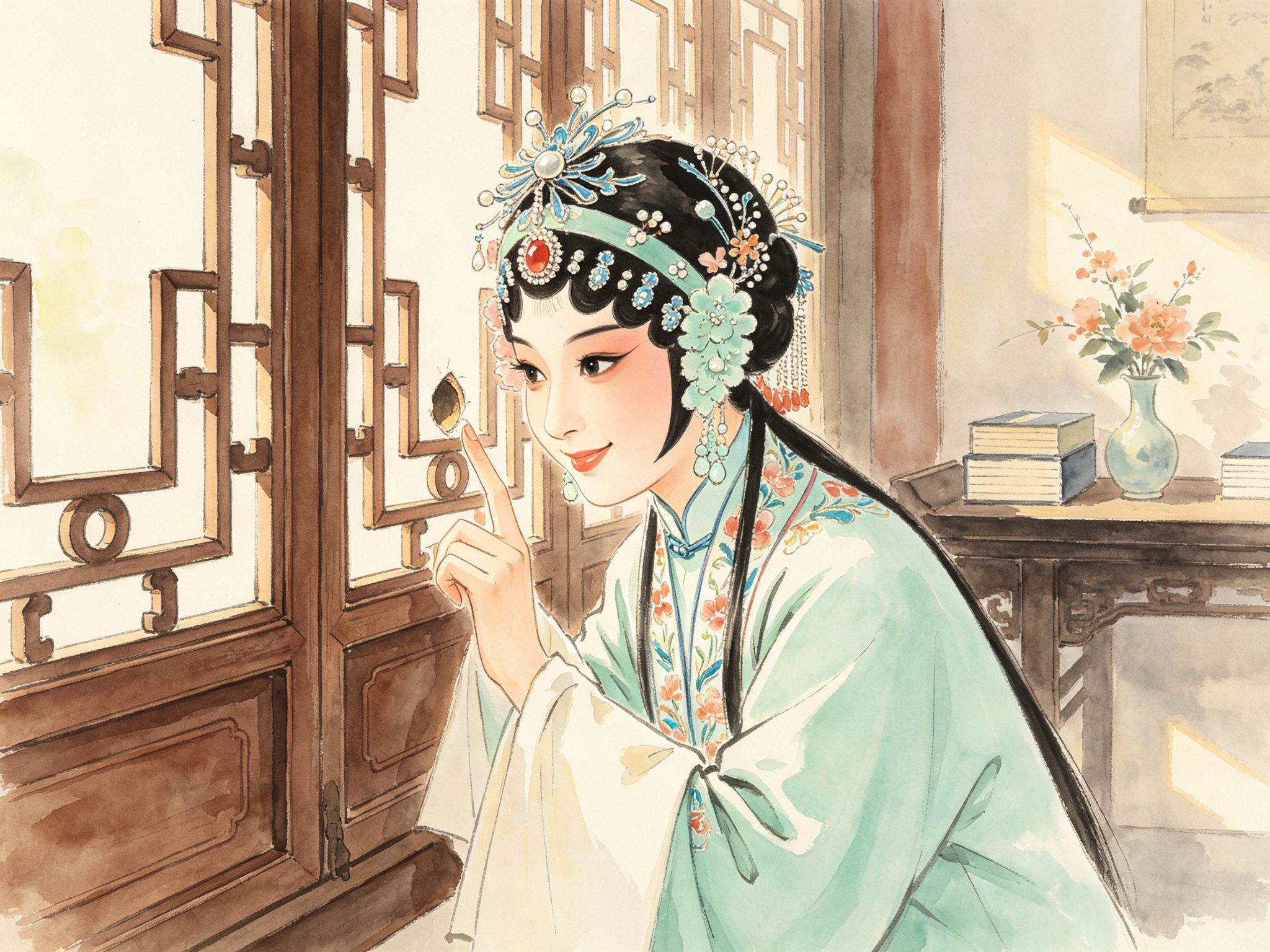 评剧韩派喜剧《凤还巢》里程雪娥一身淡青绣花女帔侧身贴近花格窗、食指轻点窗纸小孔向外偷看、嘴角含笑的戏曲插画