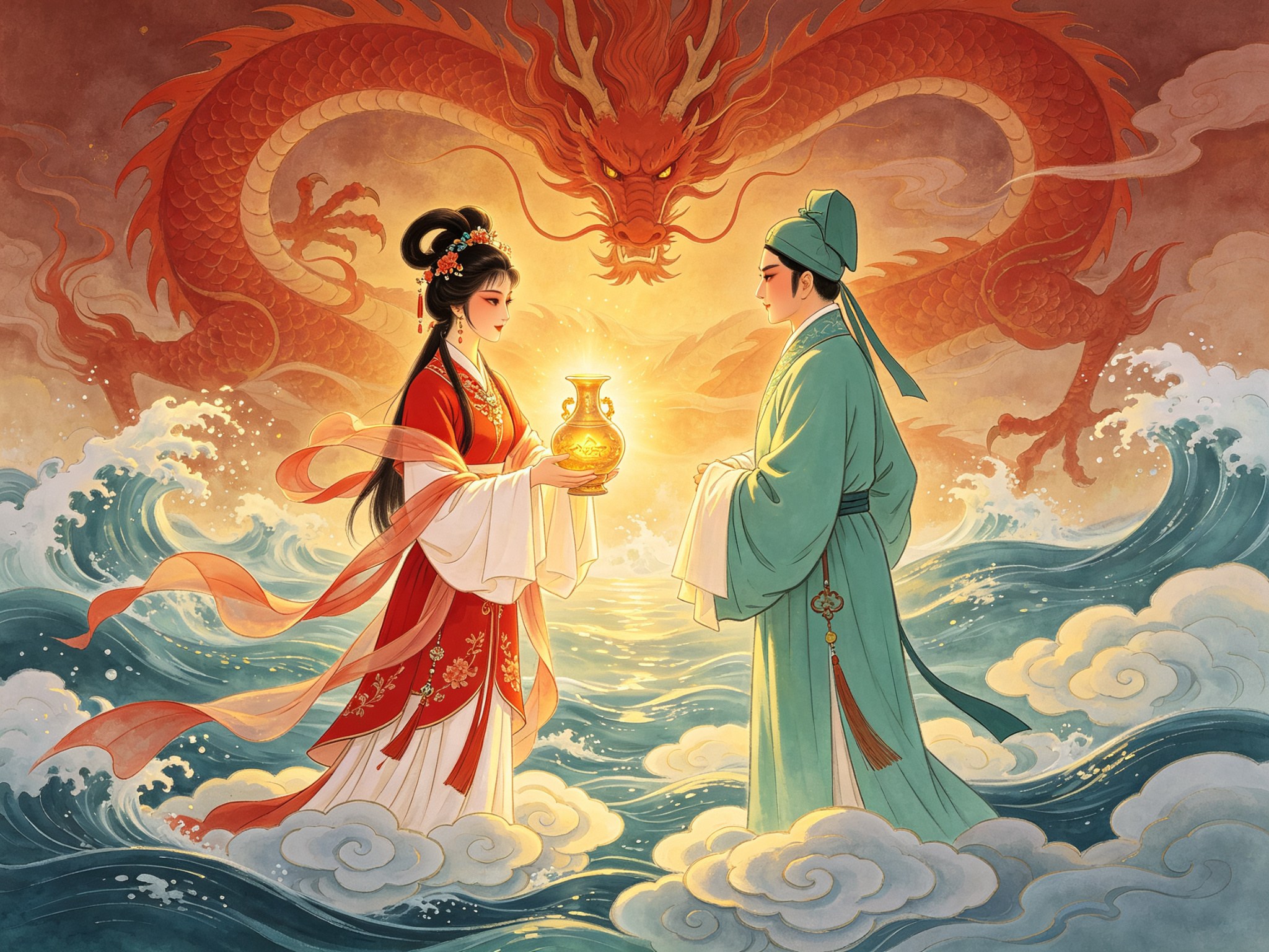 评剧洪派《红龙传》里红龙女红衣白袖双手托着泛金光的金水宝瓶、对面青衫书生吴明立于云水之上、身后赤色龙影盘旋的戏曲插画