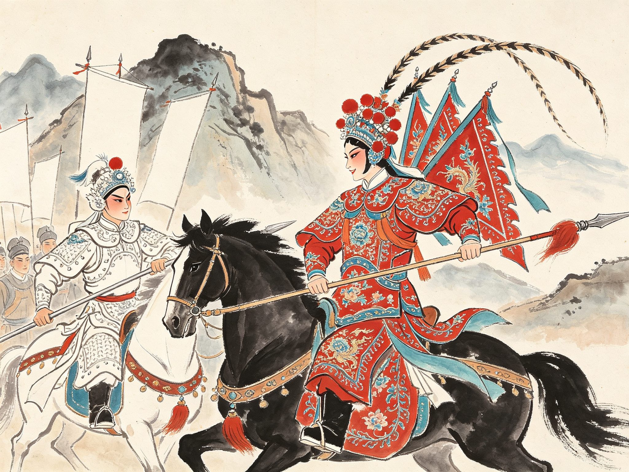 评剧刀马旦传统折子《双锁山》里刘金定一身大红绣花女靠、持枪立马，与对面白马白袍小将高君保山前勒马对峙的戏曲插画
