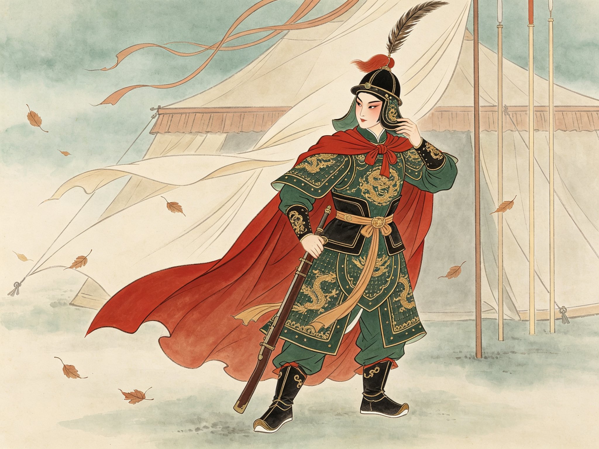 评剧《花木兰》里崔连润一身墨绿绣金戎装、插雉尾翎子、外披猩红披风，立于军帐前回首一望的戏曲插画
