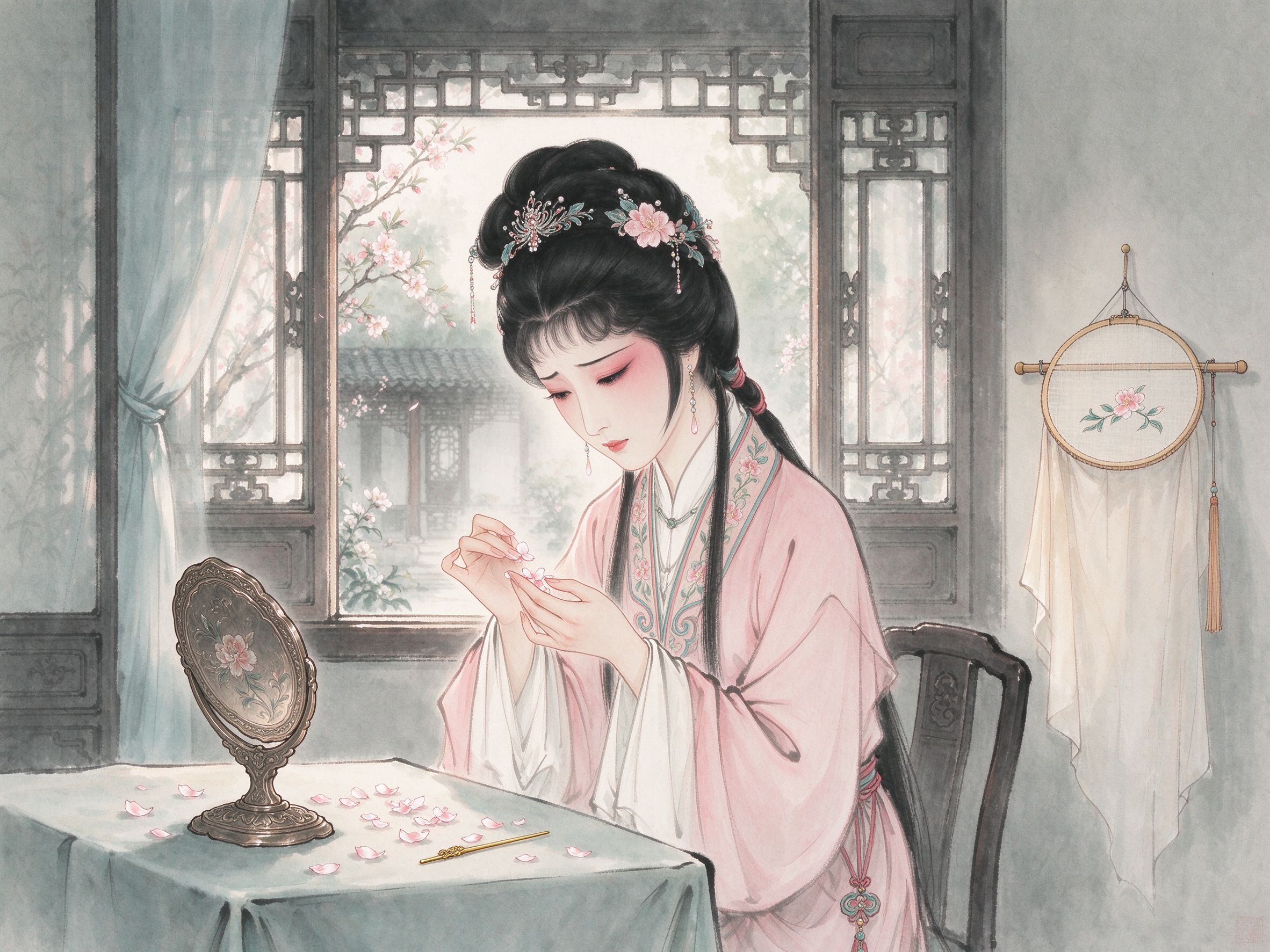 评剧《回杯记》王二姐绣楼数瓣思夫形象