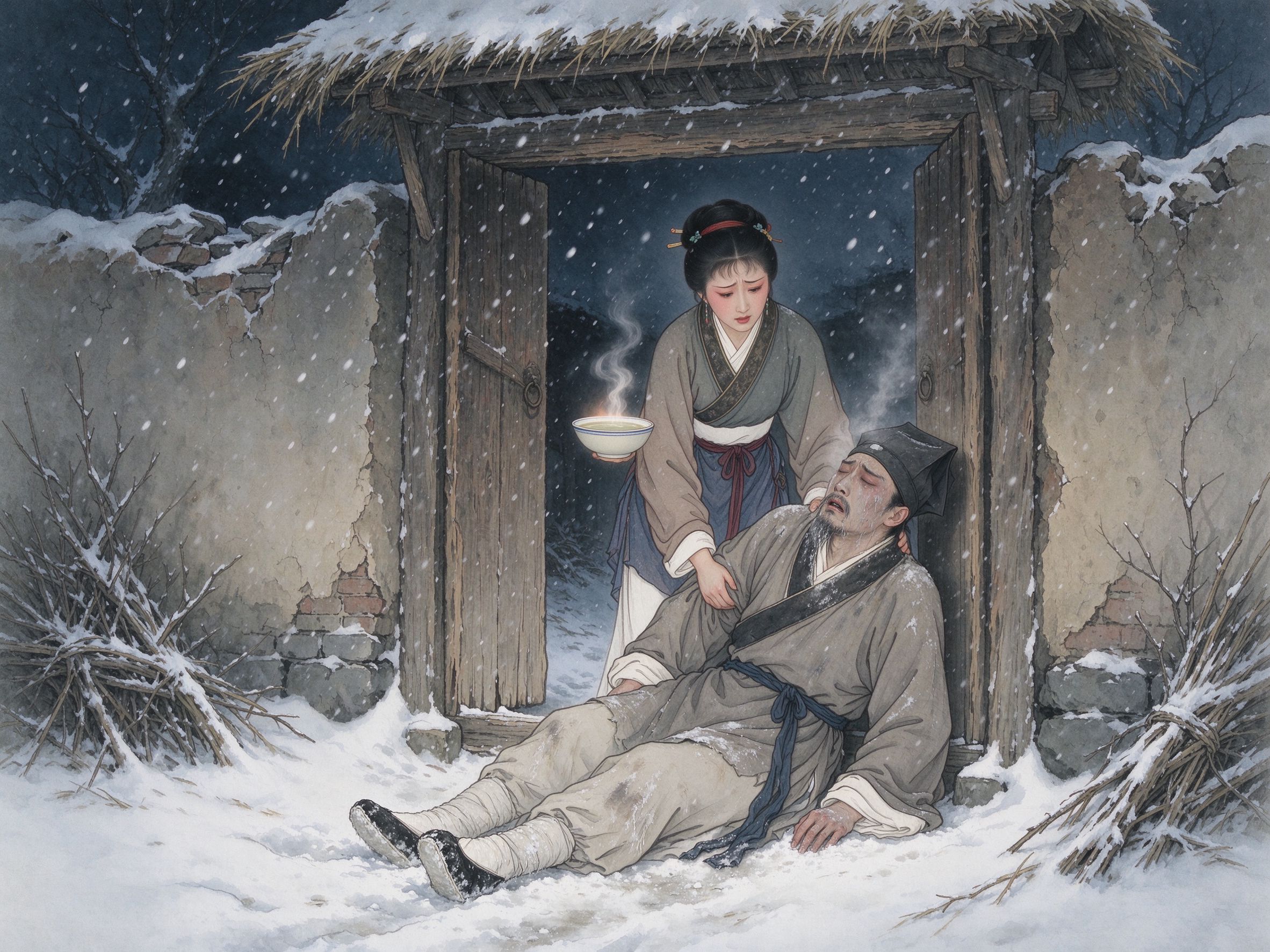 评剧《金玉奴》风雪夜少女端豆汁搀扶冻僵穷秀才进门的形象