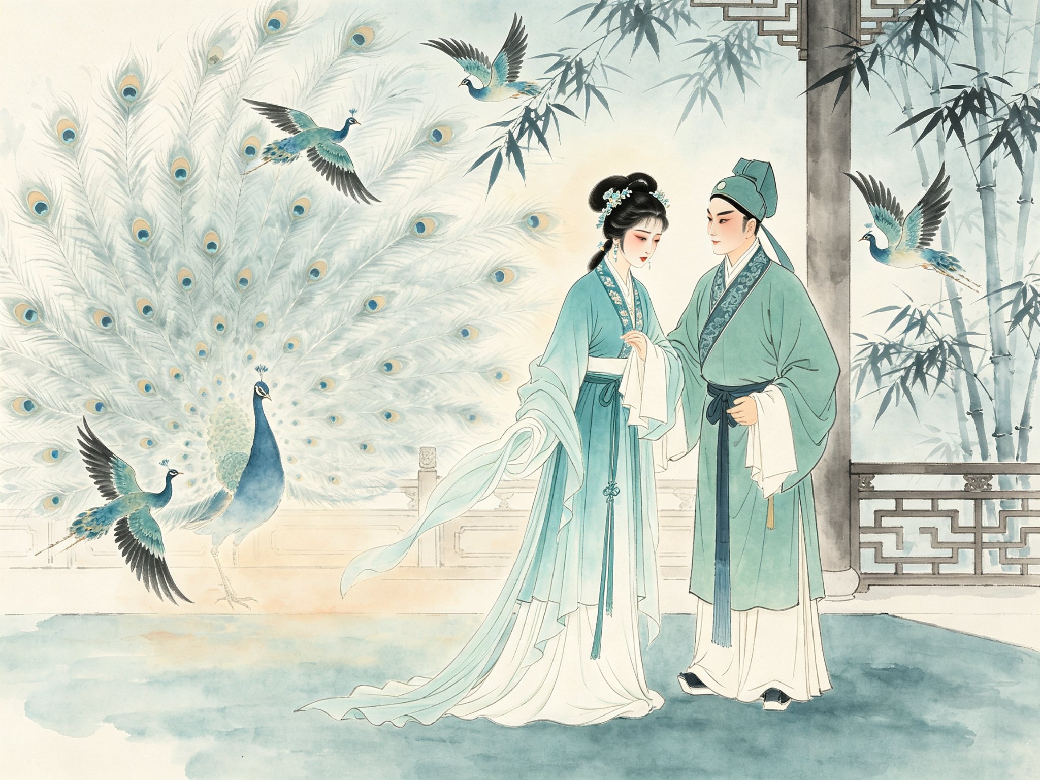 评剧《孔雀东南飞》里青衣刘兰芝身着水袖长裙低首含悲、小生焦仲卿青衫拱手相望、背景孔雀开屏竹影摇曳的工笔戏曲插画