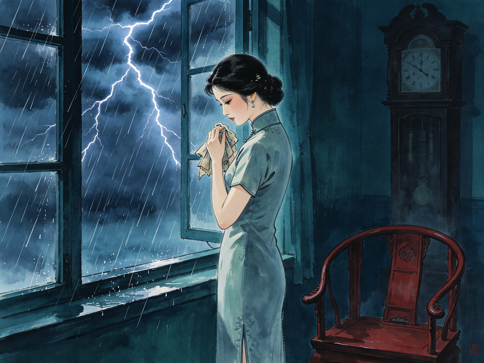 评剧《雷雨》里穿素色旗袍的繁漪手执手帕侧立雨窗之下、窗外电闪雷鸣、身后红木椅与座钟虚化的戏曲插画