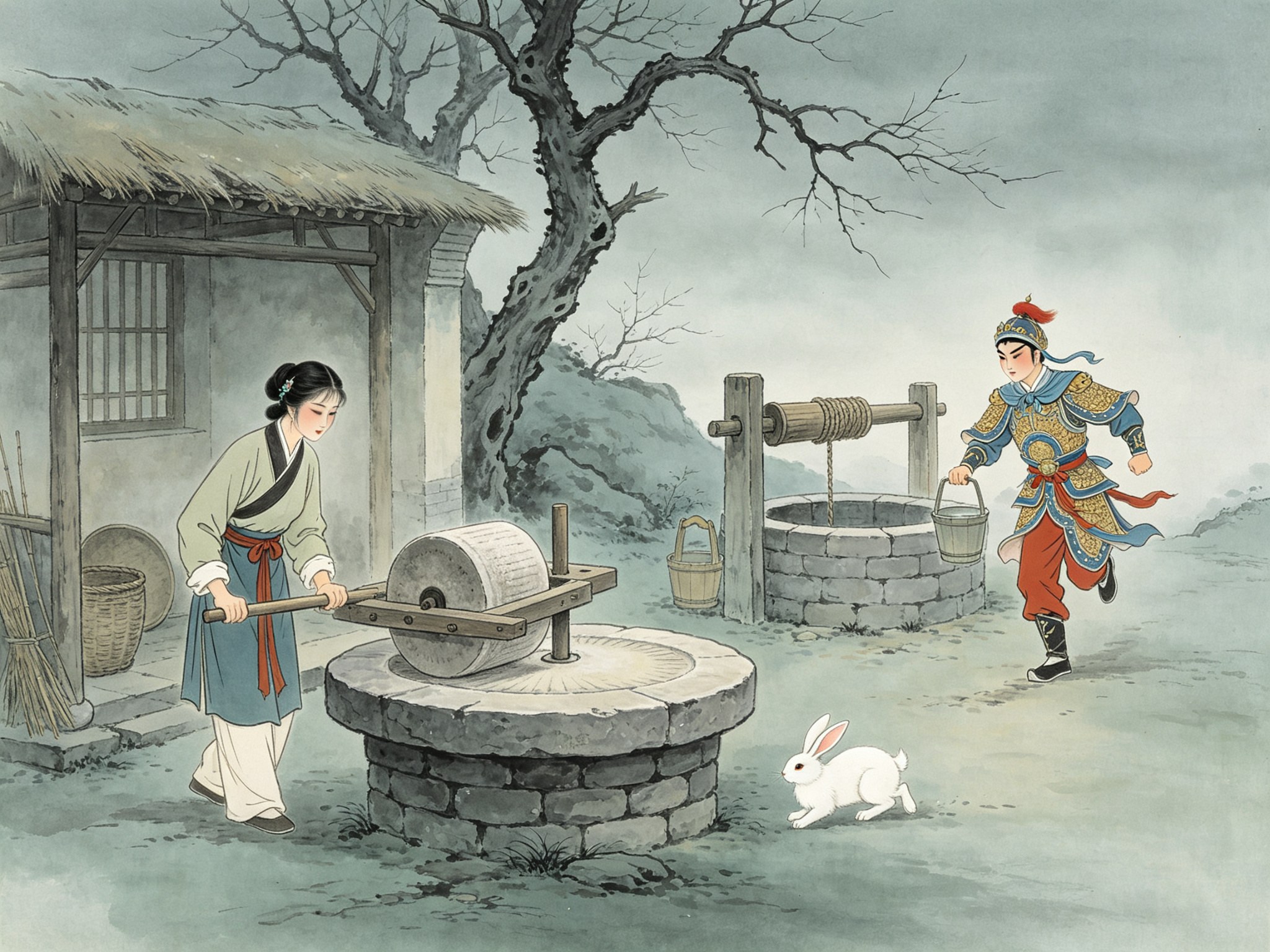 评剧全本《李三娘》里左侧布衣李三娘在磨房推磨、右侧少年武将咬脐郎在老井台边追赶一只白兔的戏曲插画
