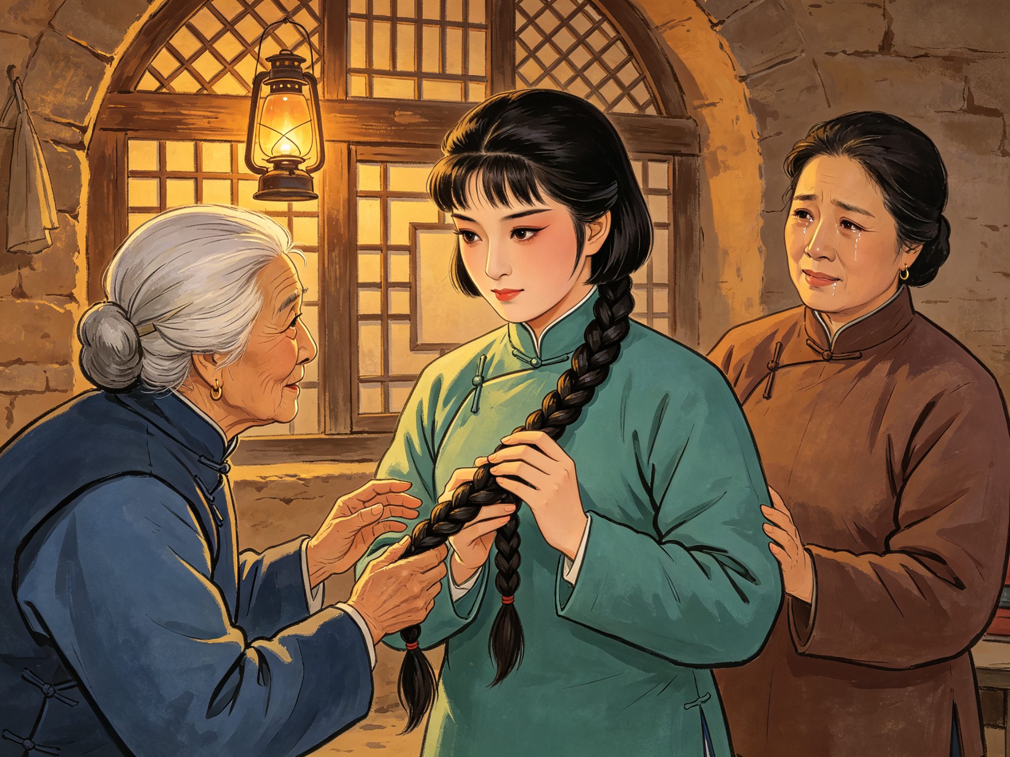 评剧《刘胡兰》里窑洞前少女手捧长辫、奶奶伸手相接、母亲含泪的祖孙诀别戏曲插画