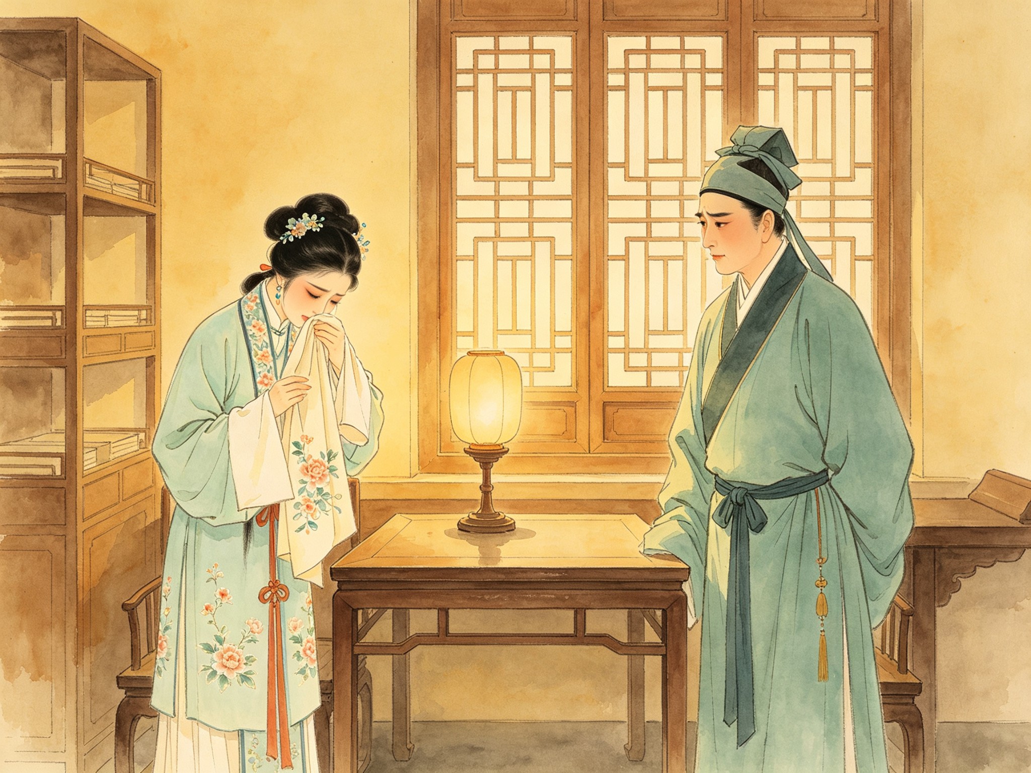 评剧《李娃传》里李亚仙身着淡青绣花女帔持巾垂泪、书生郑元和束发戴儒巾立于书斋灯旁的戏曲插画