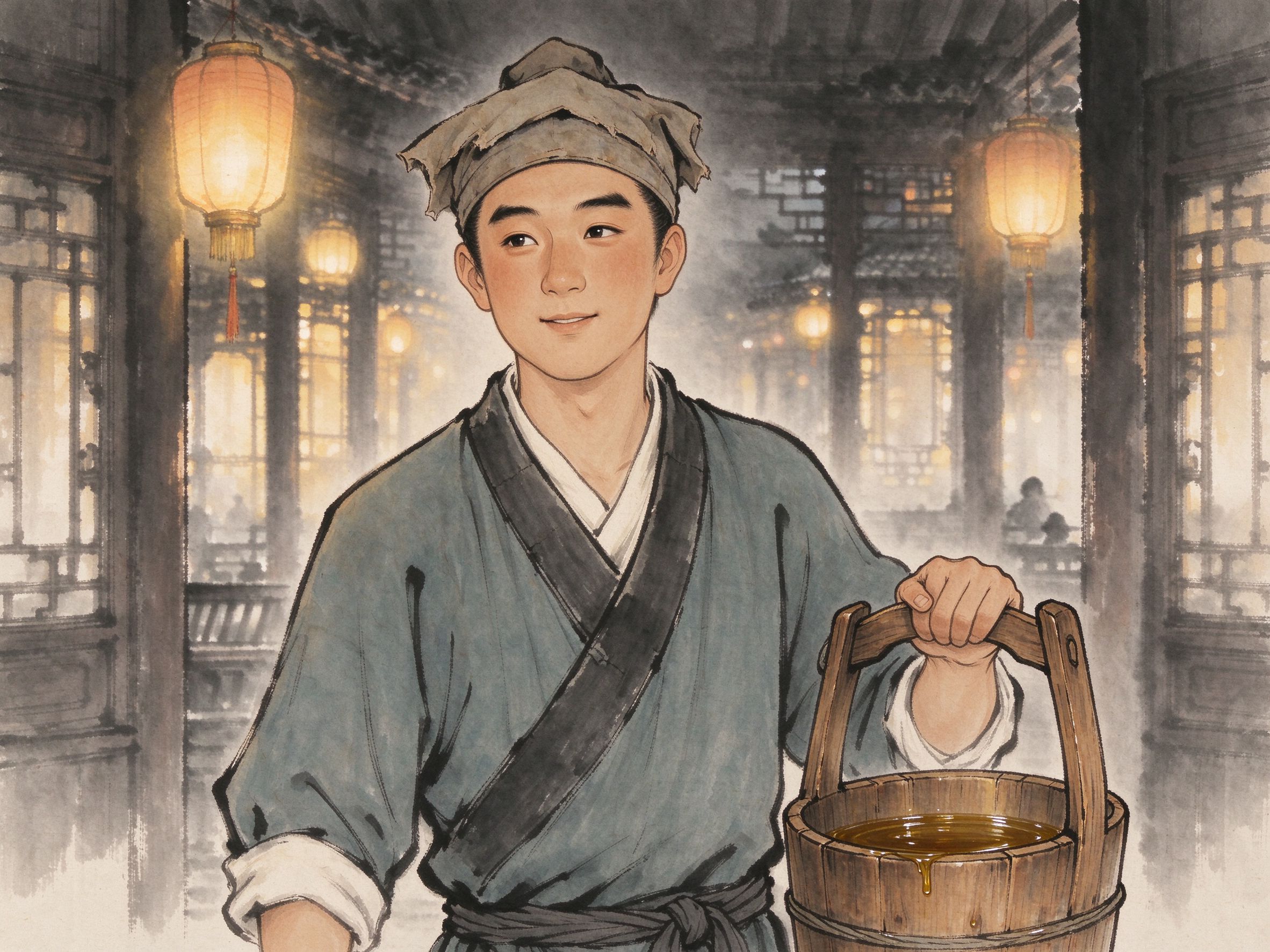 评剧《卖油郎独占花魁》卖油郎秦重手挎油桶的淳朴形象