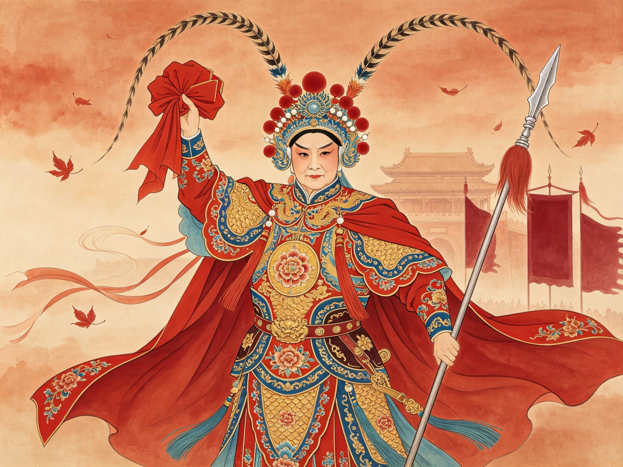 评剧筱派《穆桂英挂帅》里筱俊亭一身赤金点翠硬靠、插雉尾翎子、手托红绸帅印立于天波府前的戏曲插画