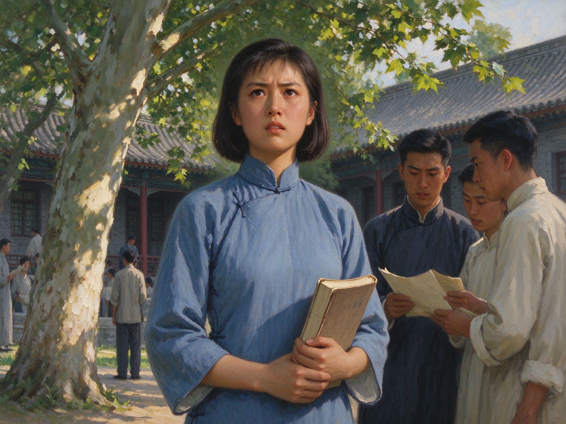 评剧《青春之歌》齐耳短发、蓝布旗袍的青年女学生林道静手捧书刊立于校园梧桐树下的形象