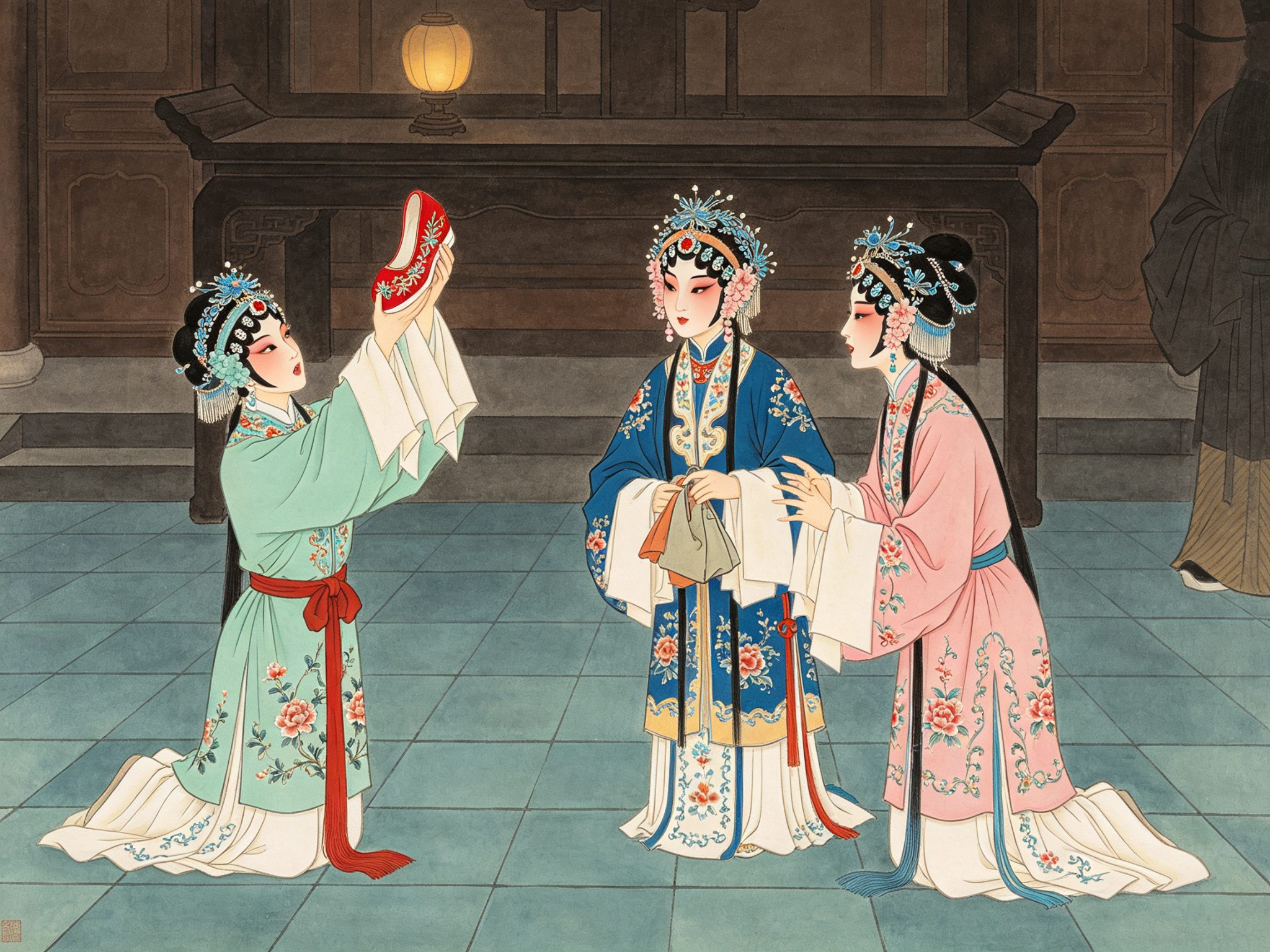 评剧《三节烈》里三位年轻旦角在公堂对证、一人高举红缎绣花鞋呈上的戏曲插画