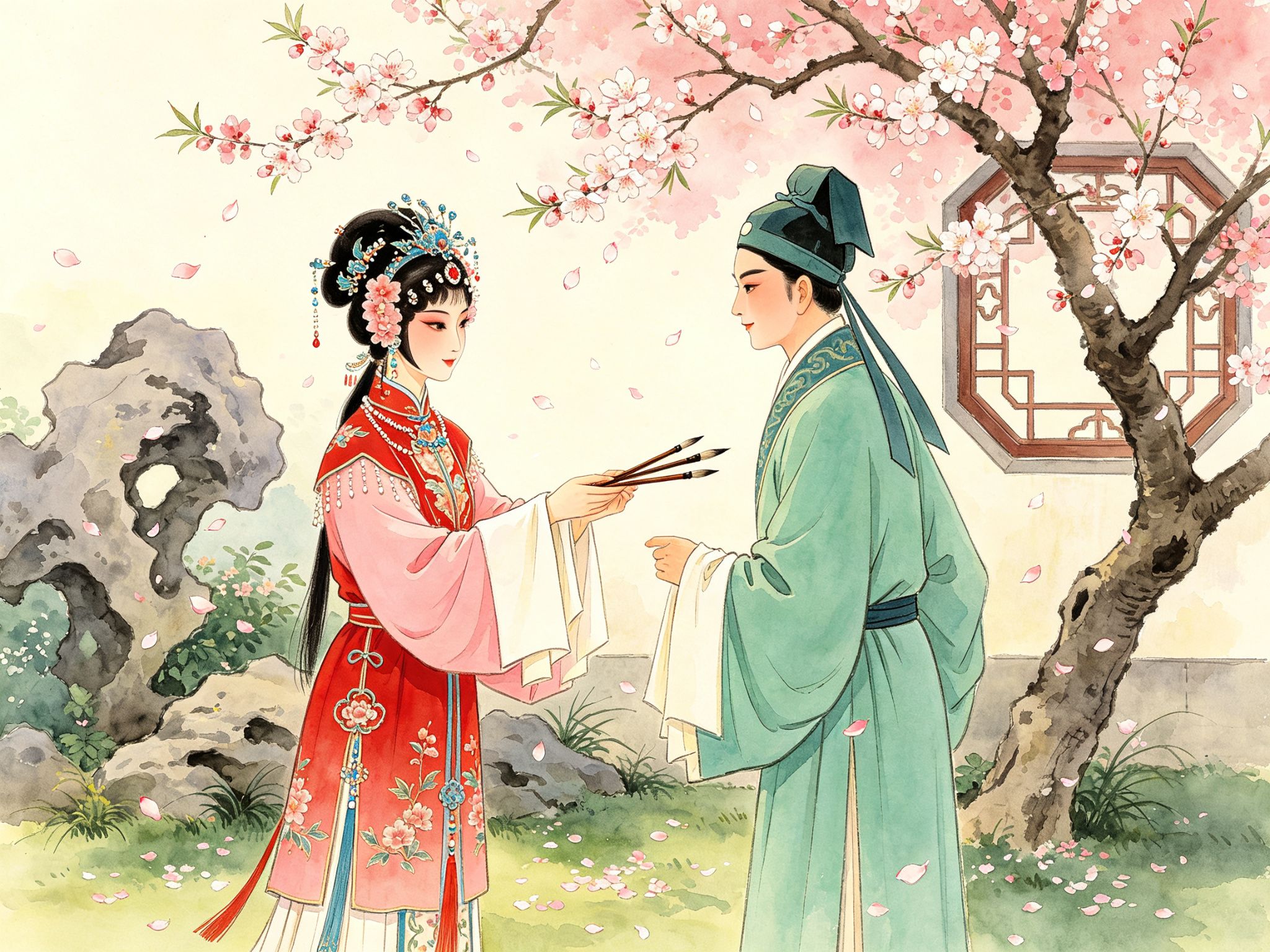 评剧《三看御妹》里御妹刘金定红粉宫装在碧桃花下向书生封加进递出双连毛笔的戏曲插画