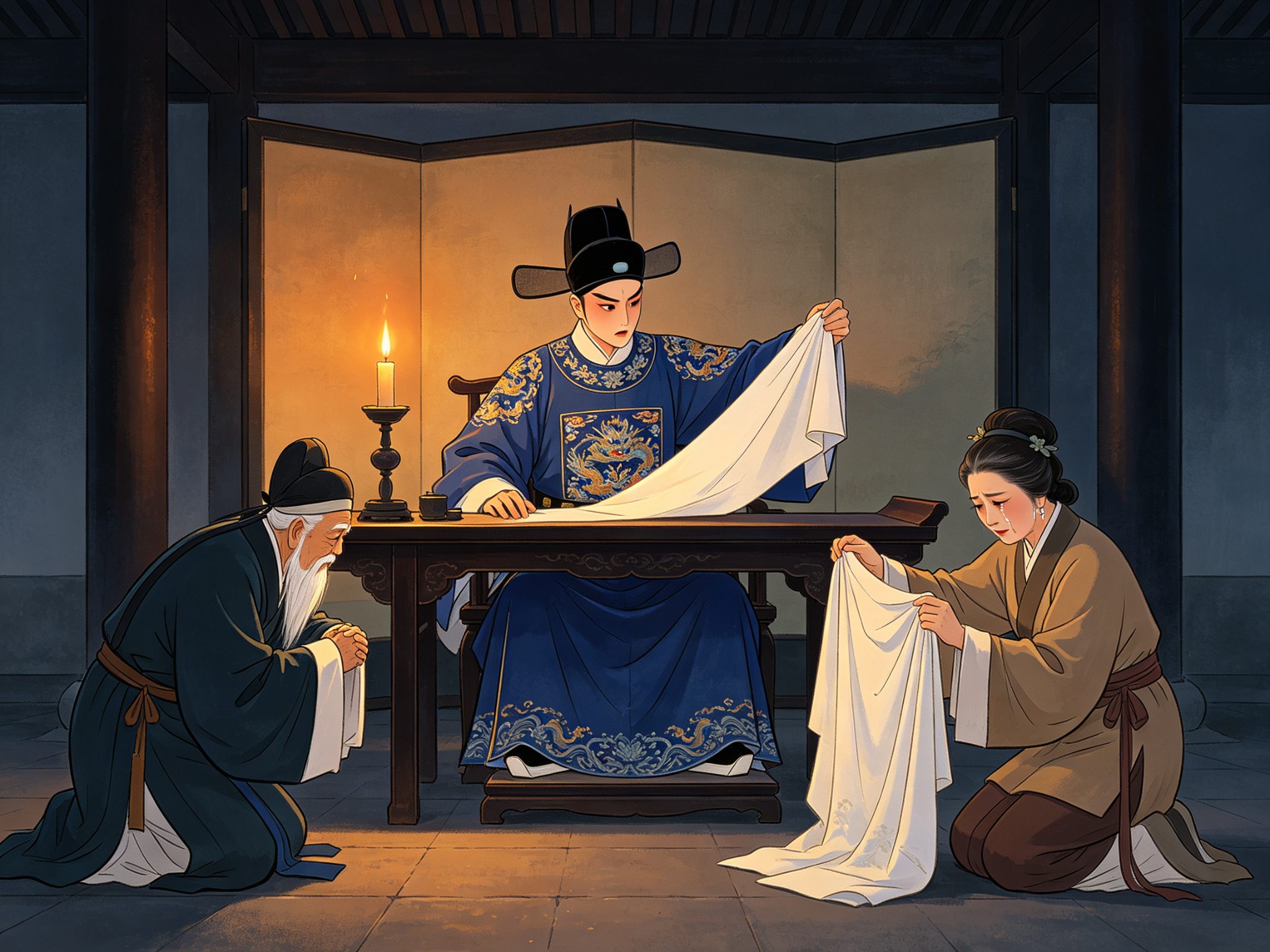 评剧《双罗衫》里明代巡按官公堂夜审、手举罗衫、老仆跪禀、妇人呈衫的戏曲插画