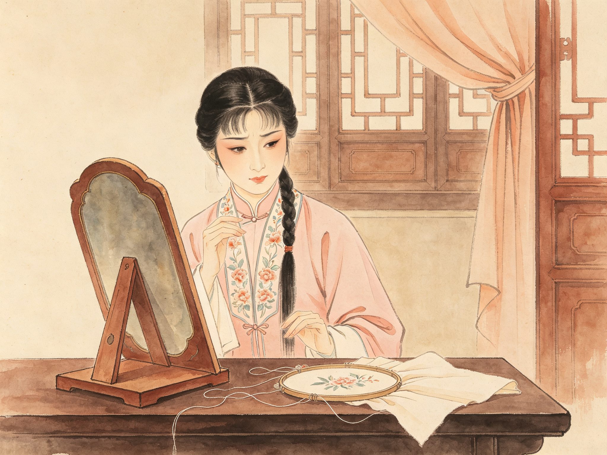 评剧传统单出头《王二姐思夫》里王月英一身淡红绣花女帔独坐梳妆台前、对着歪斜的镜架轻叹、台面上散落丝线绣绷的戏曲插画