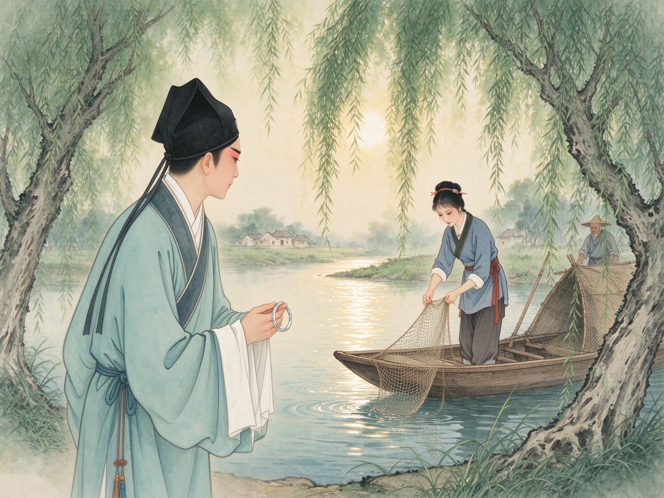 评剧《王少安赶船》河畔柳荫下书生持银镯、渔船上织网少女的形象