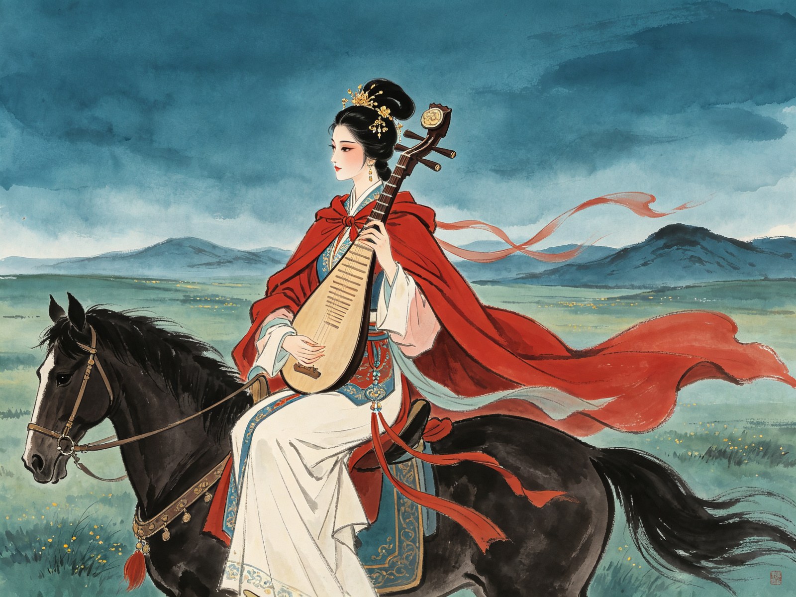 评剧《王昭君》里身披大红斗篷的汉宫公主端坐马背怀抱琵琶回眸南望、身后茫茫草原与远山的戏曲插画