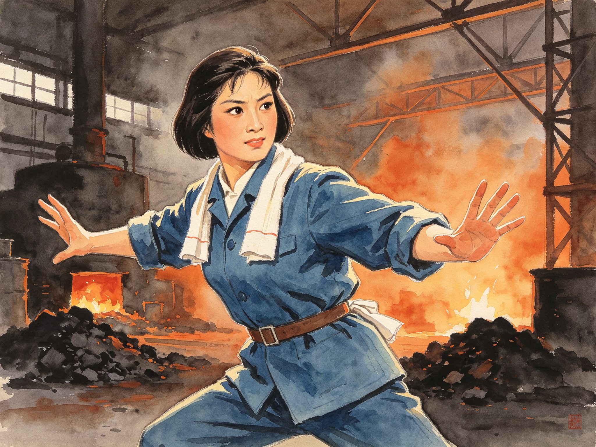 评剧现代戏《向秀丽》里穿蓝色劳动布工作服的年轻女工双手张开、侧身扑身阻挡、身后车间火光晕染的戏曲插画