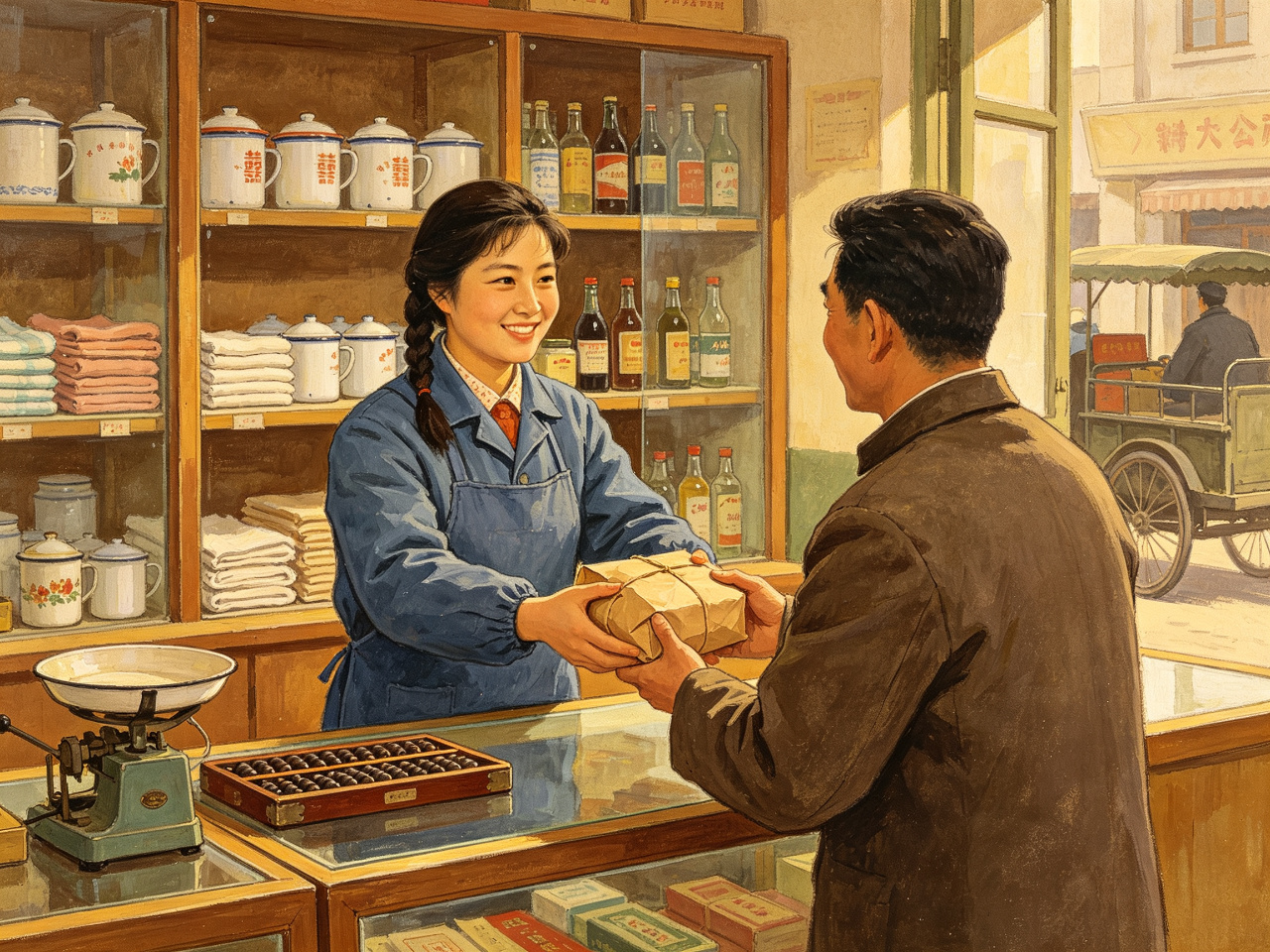 评剧《向阳商店》1960年代女售货员在柜台热情接待顾客的形象