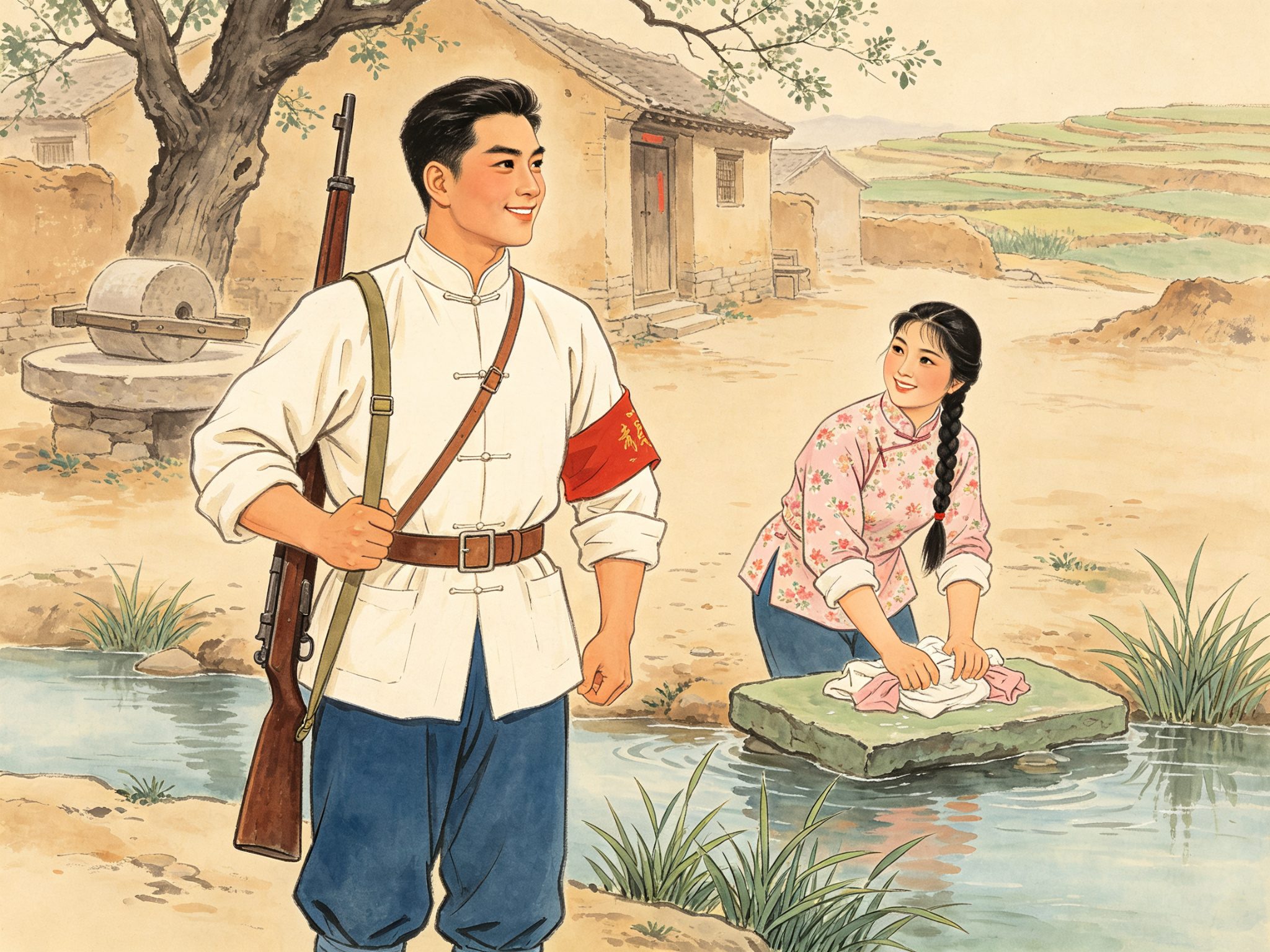 评剧《小二黑结婚》里河边捶衣的农村少女与背枪民兵青年遥遥相望的戏曲插画