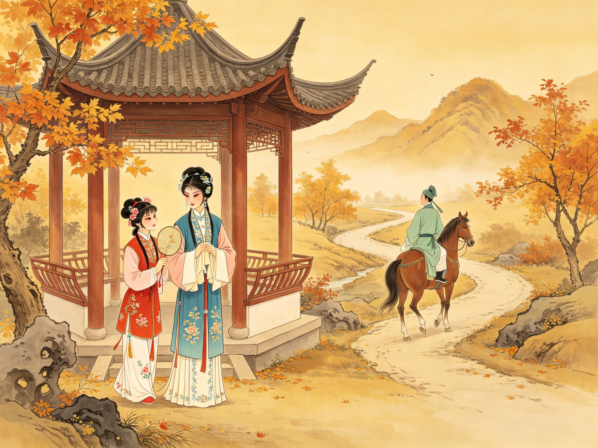 评剧《西厢记》里崔莺莺闺门旦手执手帕含愁立在古亭之外、红娘花旦执团扇侧立、远处古道张生骑马回望的戏曲插画