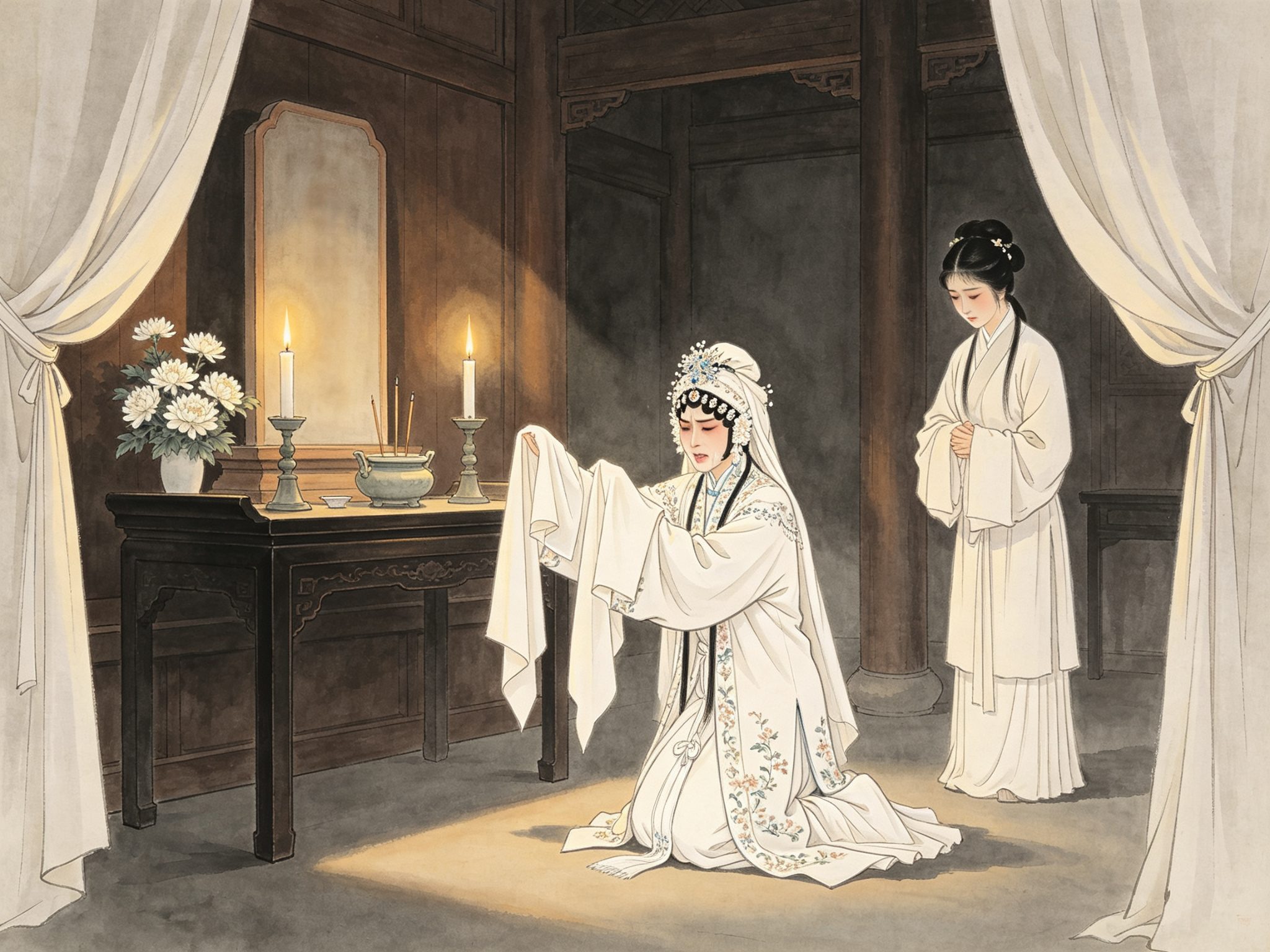 评剧《雪玉冰霜》里秦雪梅一身素白孝服跪伏灵堂、举水袖悲泣、侍女爱玉一旁陪泣的戏曲插画