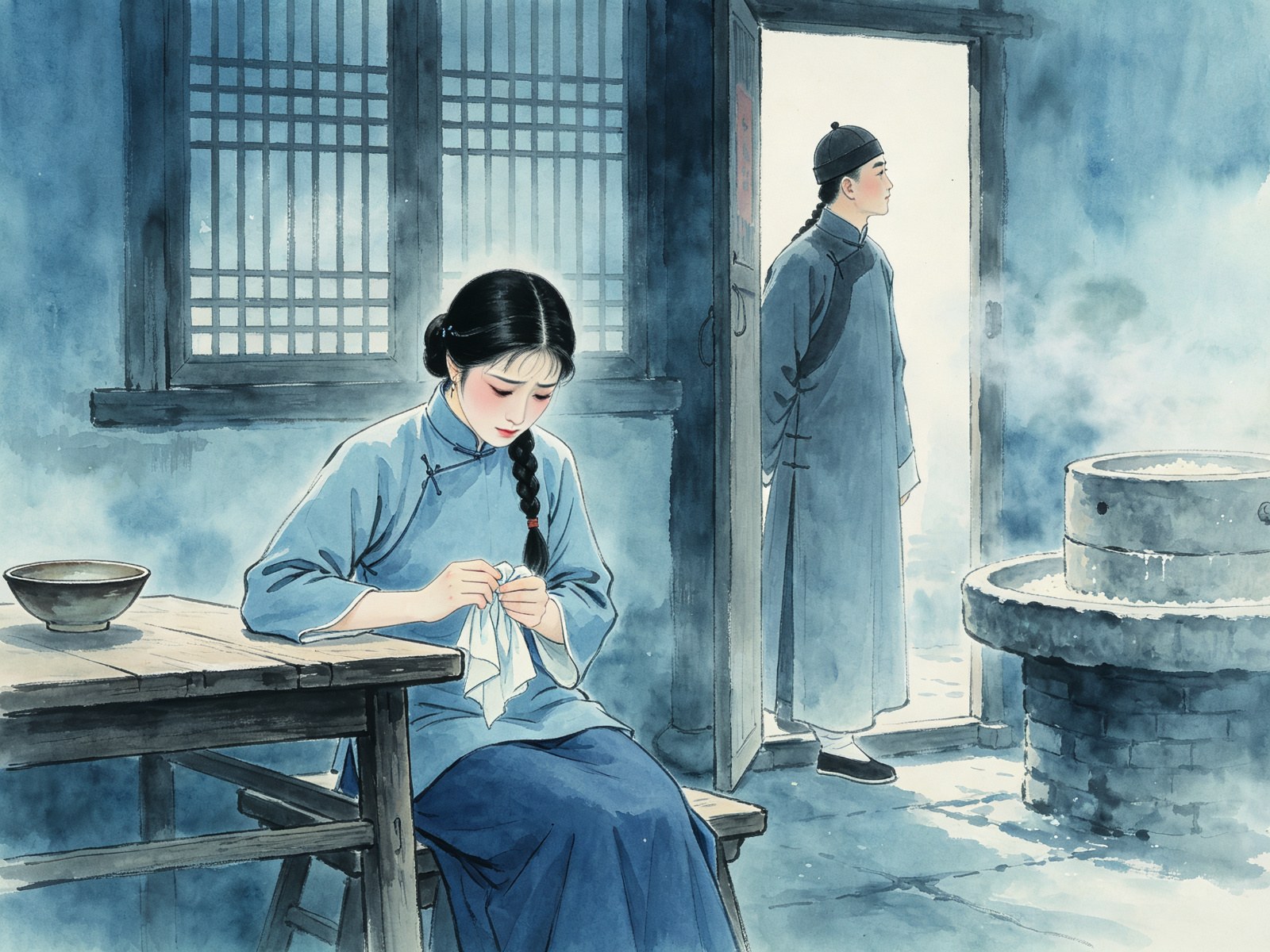 评剧《杨乃武与小白菜》里穿素蓝布袄裙的小白菜坐在豆腐作坊木桌旁低头绞帕、身后穿长衫戴瓜皮帽的杨乃武立于门边遥望的戏曲插画