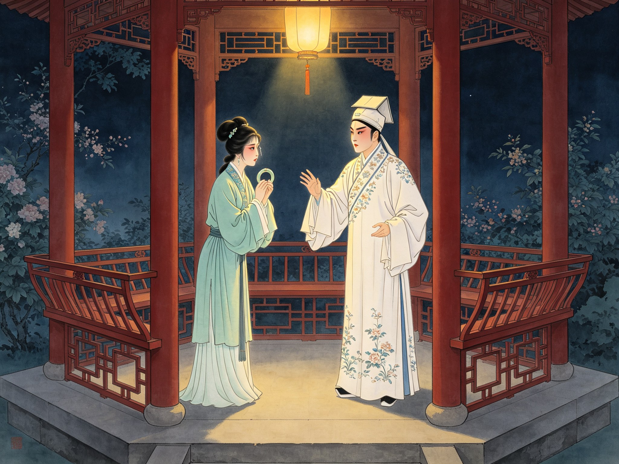 评剧《夜宿花亭》花亭相会一折：青衣张美英手举半片玉镯向小生高文举哭诉相认的戏曲插画