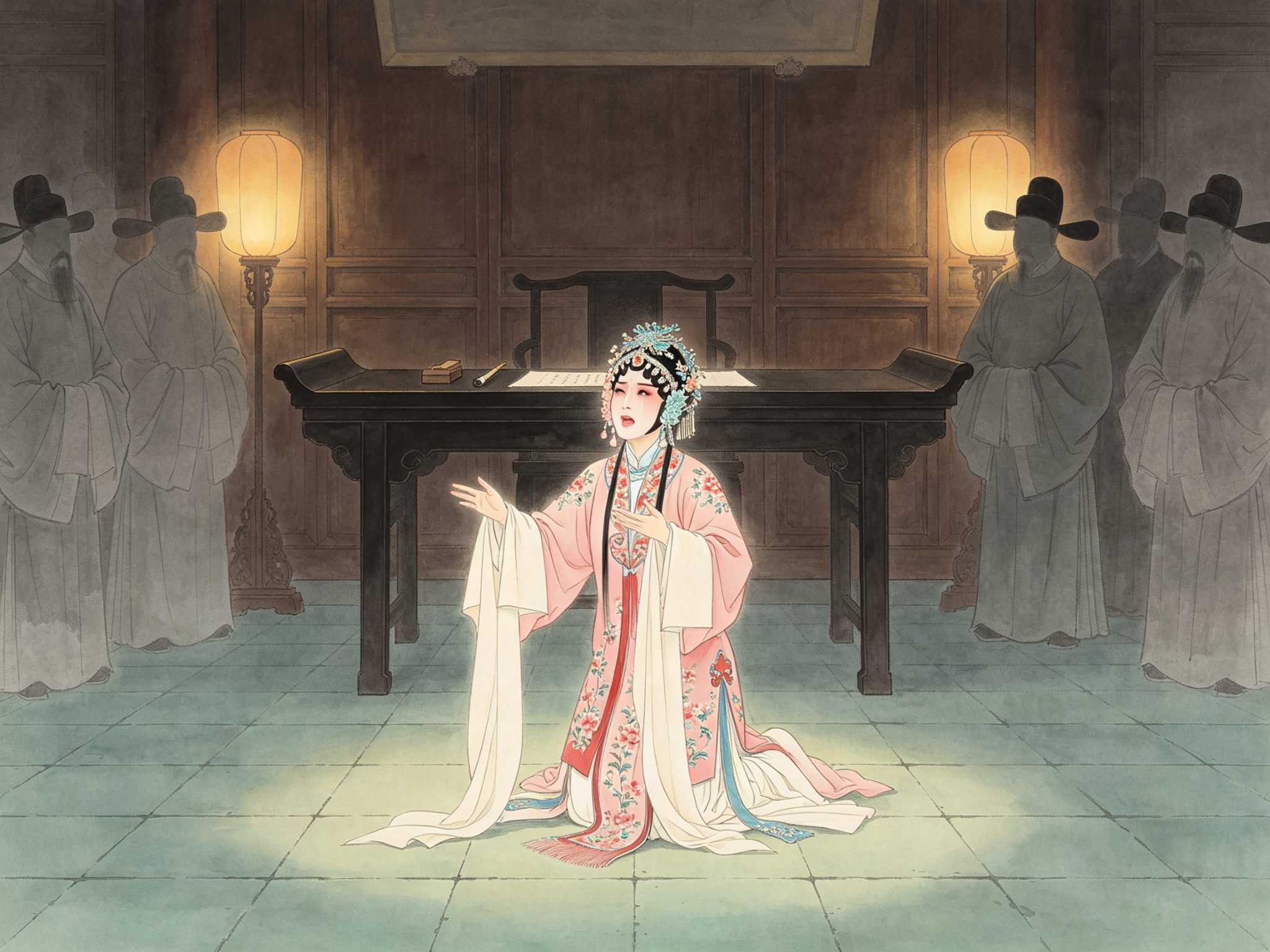 评剧白派《玉堂春》里苏三一身淡红绣花女帔跪于公堂、仰首哭诉、两侧官员衙役虚化的戏曲插画