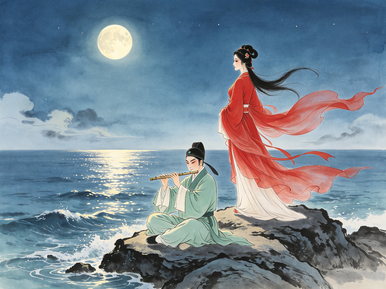 评剧《张羽煮海》李忆兰饰演龙女琼莲与张羽海边月下相遇的形象