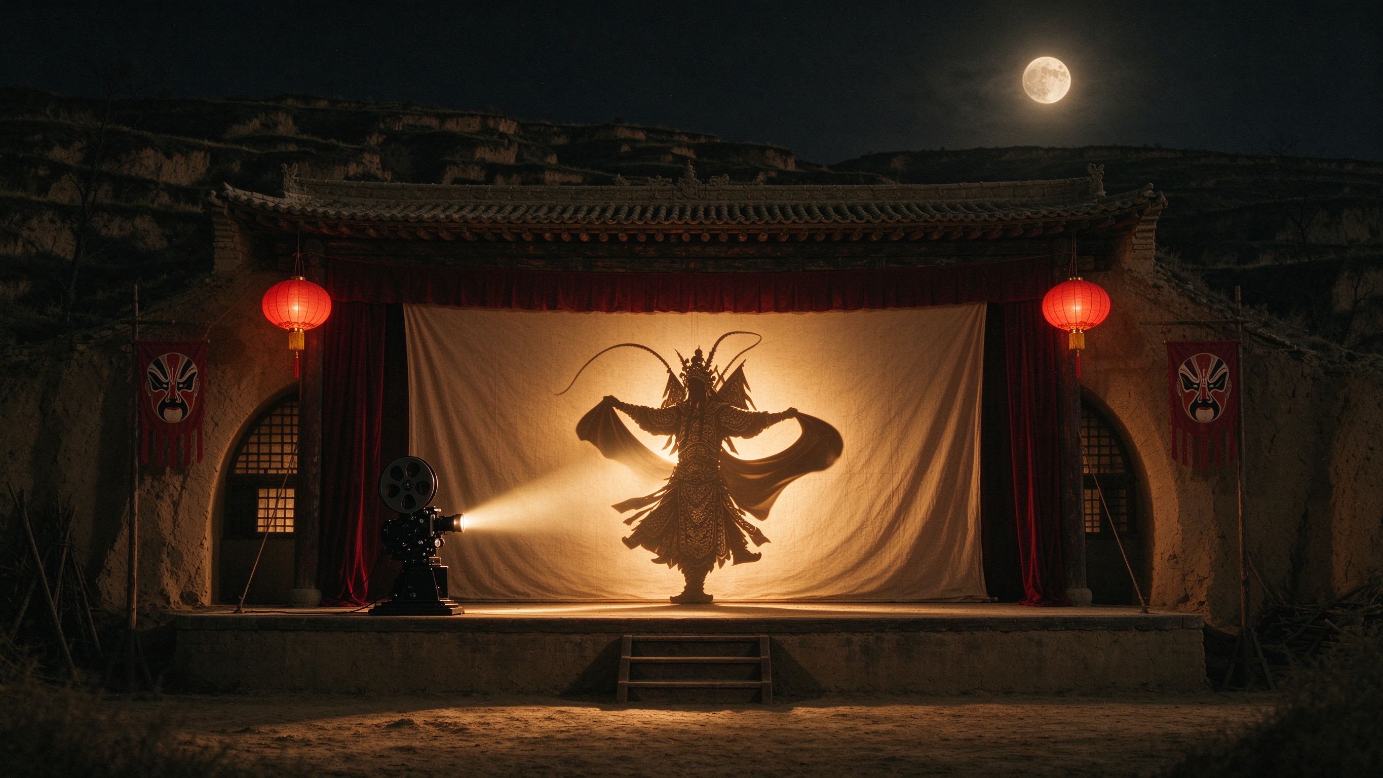 秦腔MP4下载 黄土窑洞戏台放映幕布背景