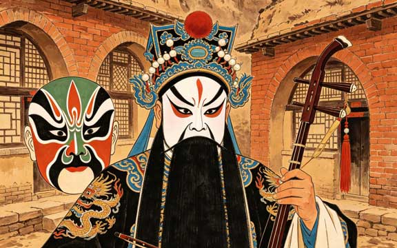 秦腔脸谱与须生持板胡，黄土高原窑洞背景