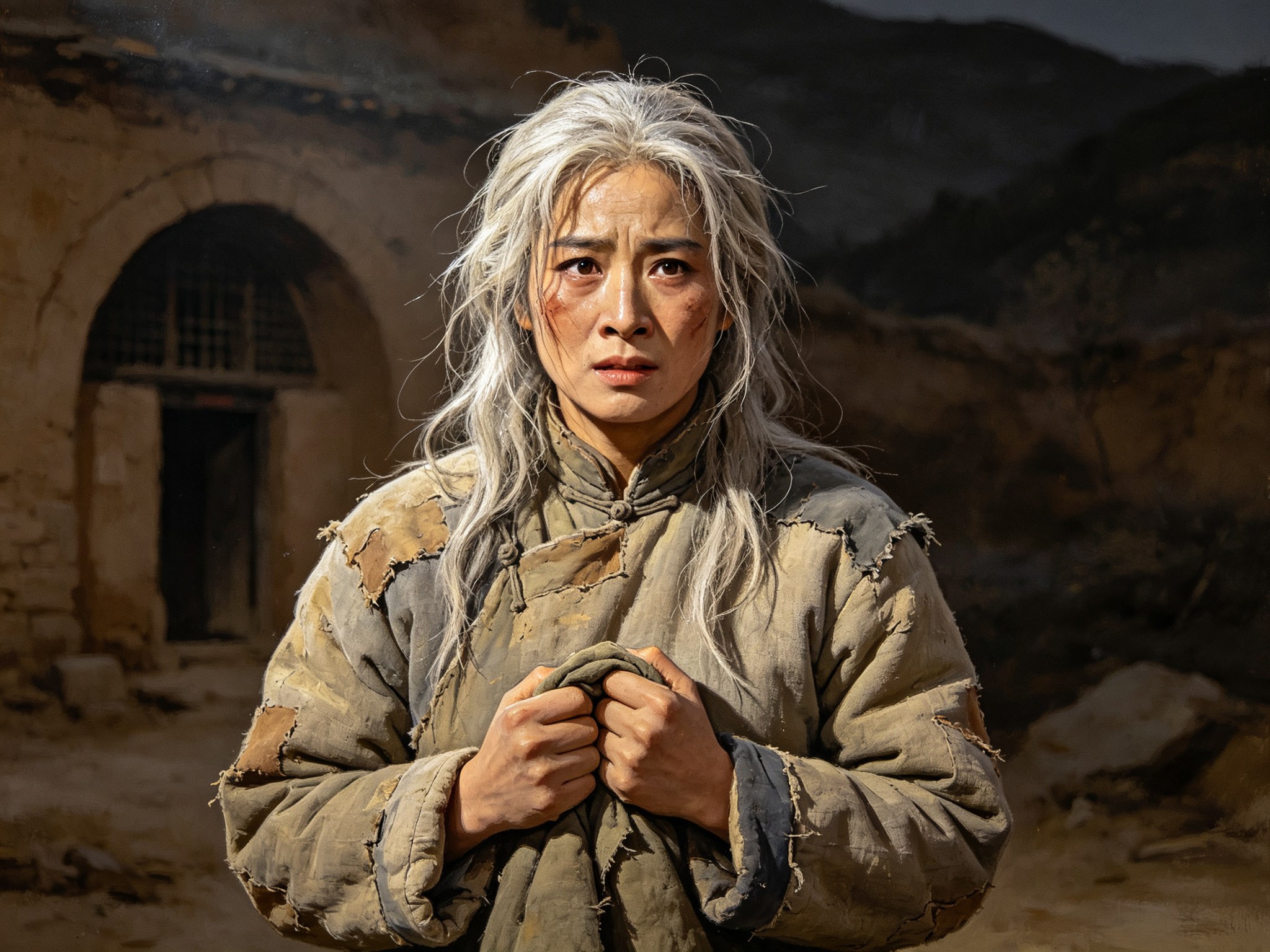 秦腔现代戏《白毛女》中喜儿的造型，二十岁上下农村姑娘，枯长泛白的头发披散肩头，身着打补丁的粗布旧棉袄，双手攥紧衣襟，眼神憔悴而倔强，背景虚化的北方土窑洞拱洞与山野