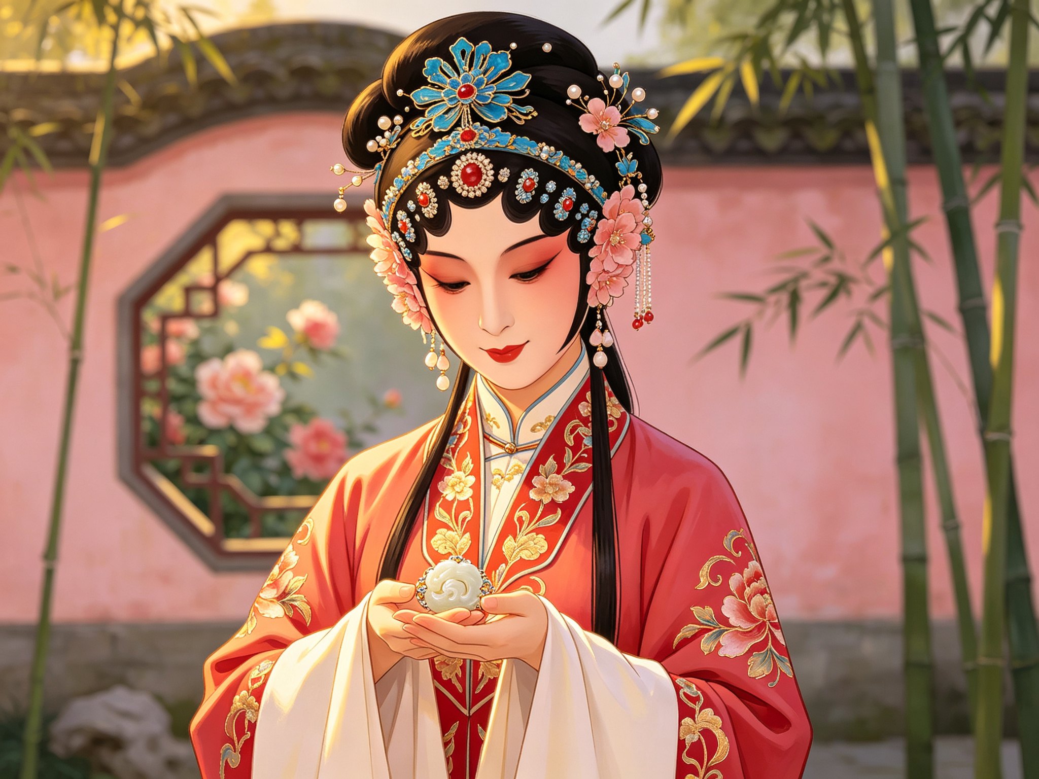秦腔《白玉钿》小旦尚飞琼舞台造型，梳大头点翠头面、鬓边珠花、身穿淡红绣金女帔水袖轻垂，双手掌心托一枚白玉钿玉佩，眉眼低垂含情，背景虚化江南花园粉墙花窗竹影