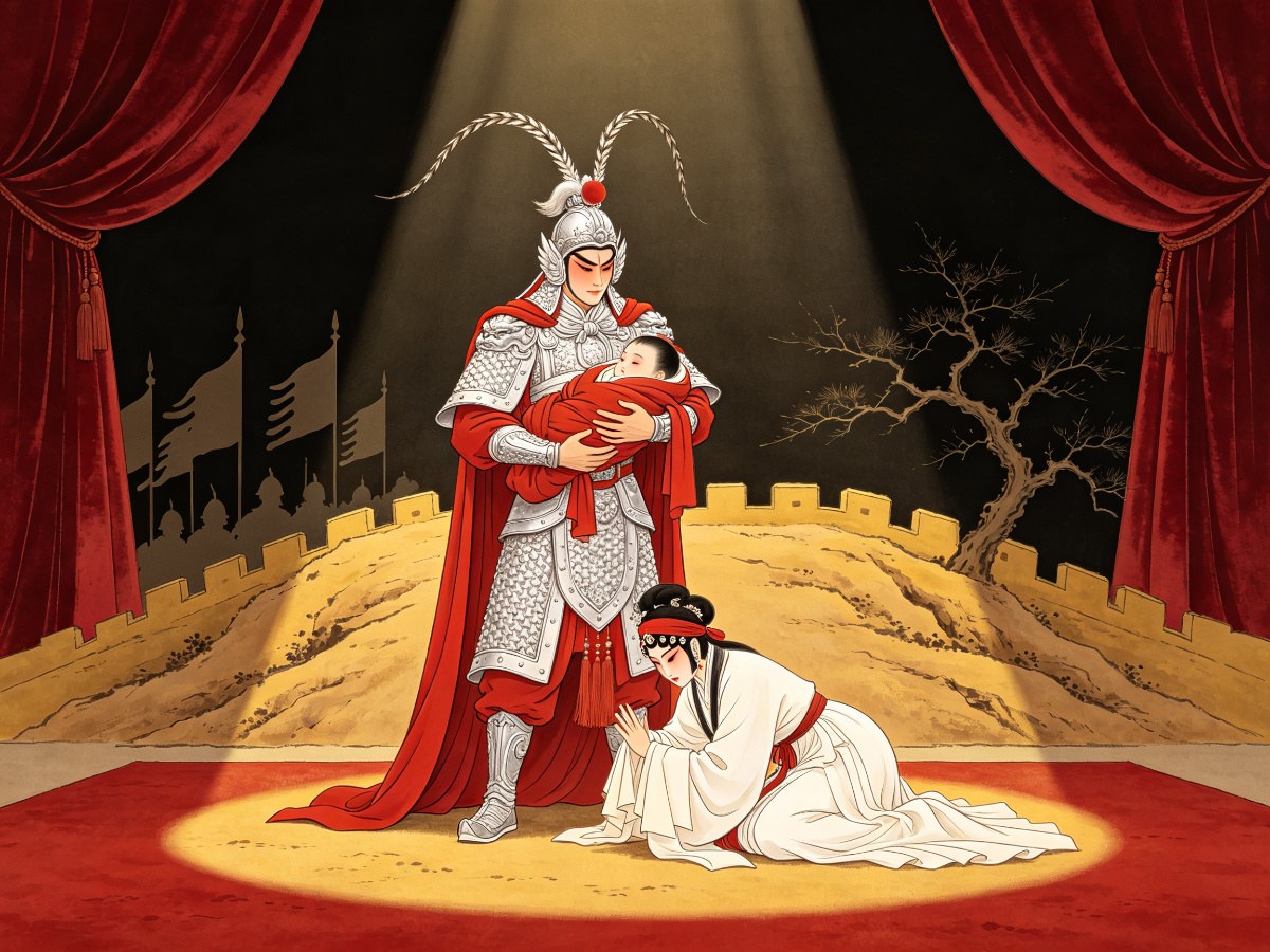 秦腔《长坂坡》舞台剧照：银甲红靠武将怀抱襁褓持枪冲杀，素衣妇人跪伏托孤