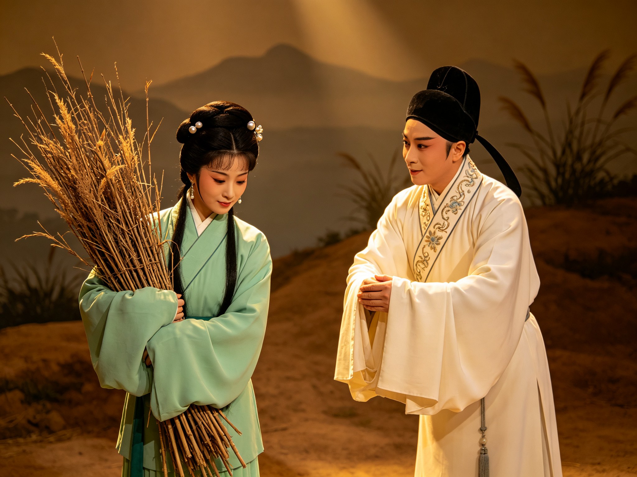 秦腔《春秋配》正旦姜秋莲与小生李春发双人画面，姜秋莲青衣大头臂弯抱一捆干枯芦柴病容含羞，李春发文生巾月白绣边儒衫双手拱袖前倾作怜才赠银身段，背景郊野土坡芦苇淡远山影舞台光柱