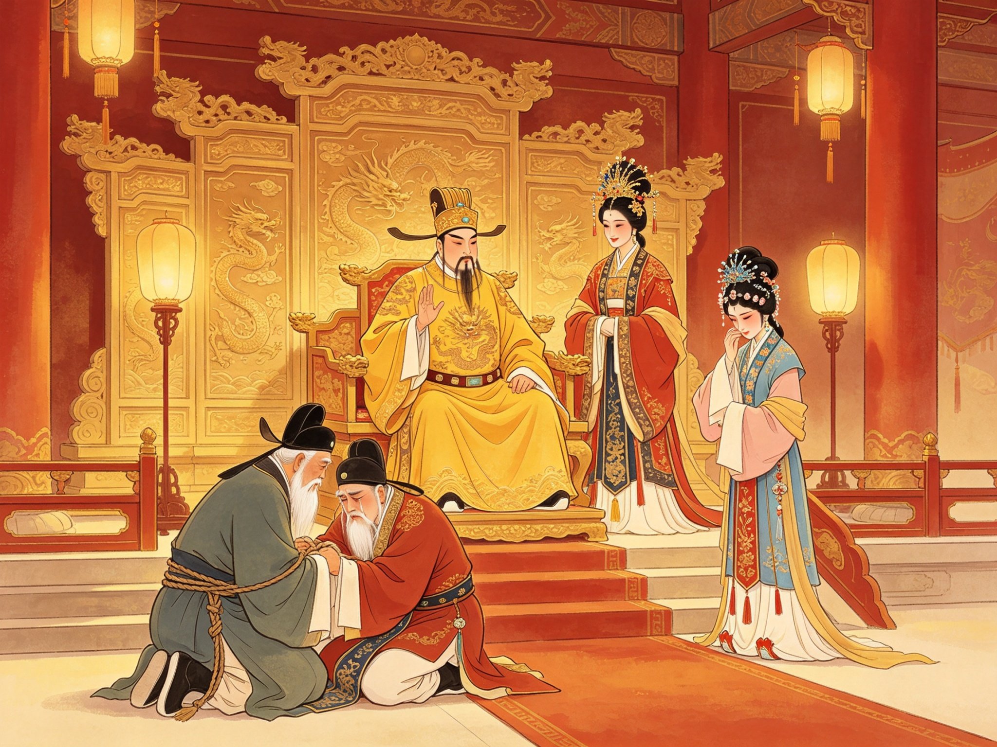 秦腔《打金枝》唐王端坐御座抬手劝解、皇后含笑调解、郭子仪绑子上殿请罪的金銮殿温情场景
