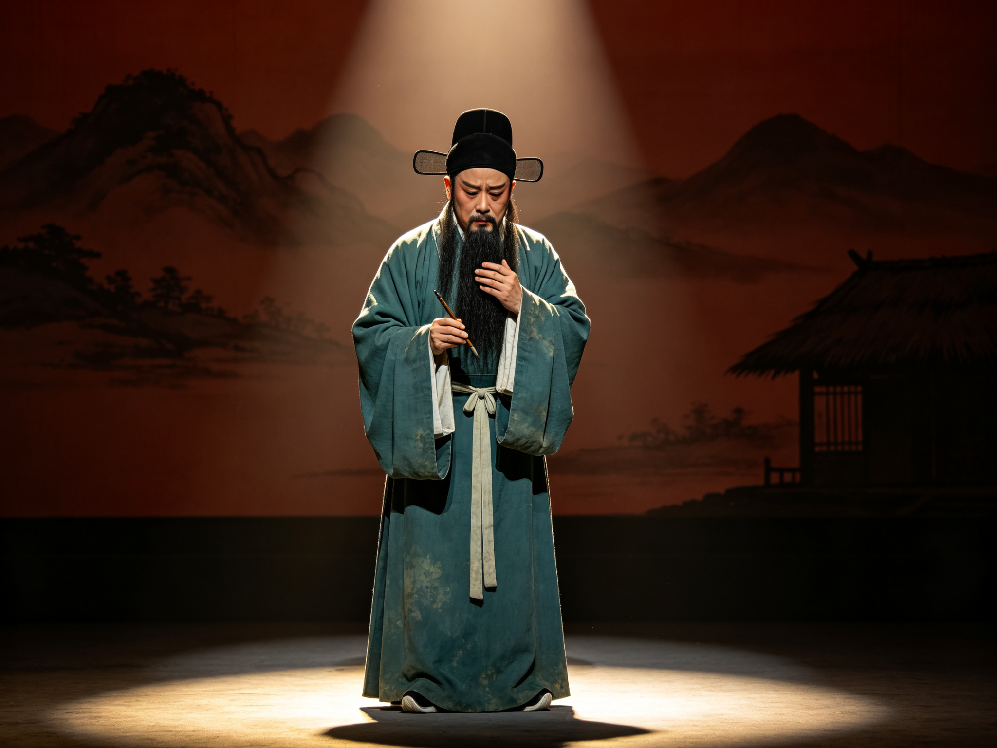 秦腔《诗圣杜甫》须生演员扮演的唐代诗圣杜甫造型，身着褪色暗青宽袖长袍、头戴黑色软脚幞头、长髯垂胸，一手抚须一手握毛笔凝思，舞台聚光灯与水墨远山茅屋背景