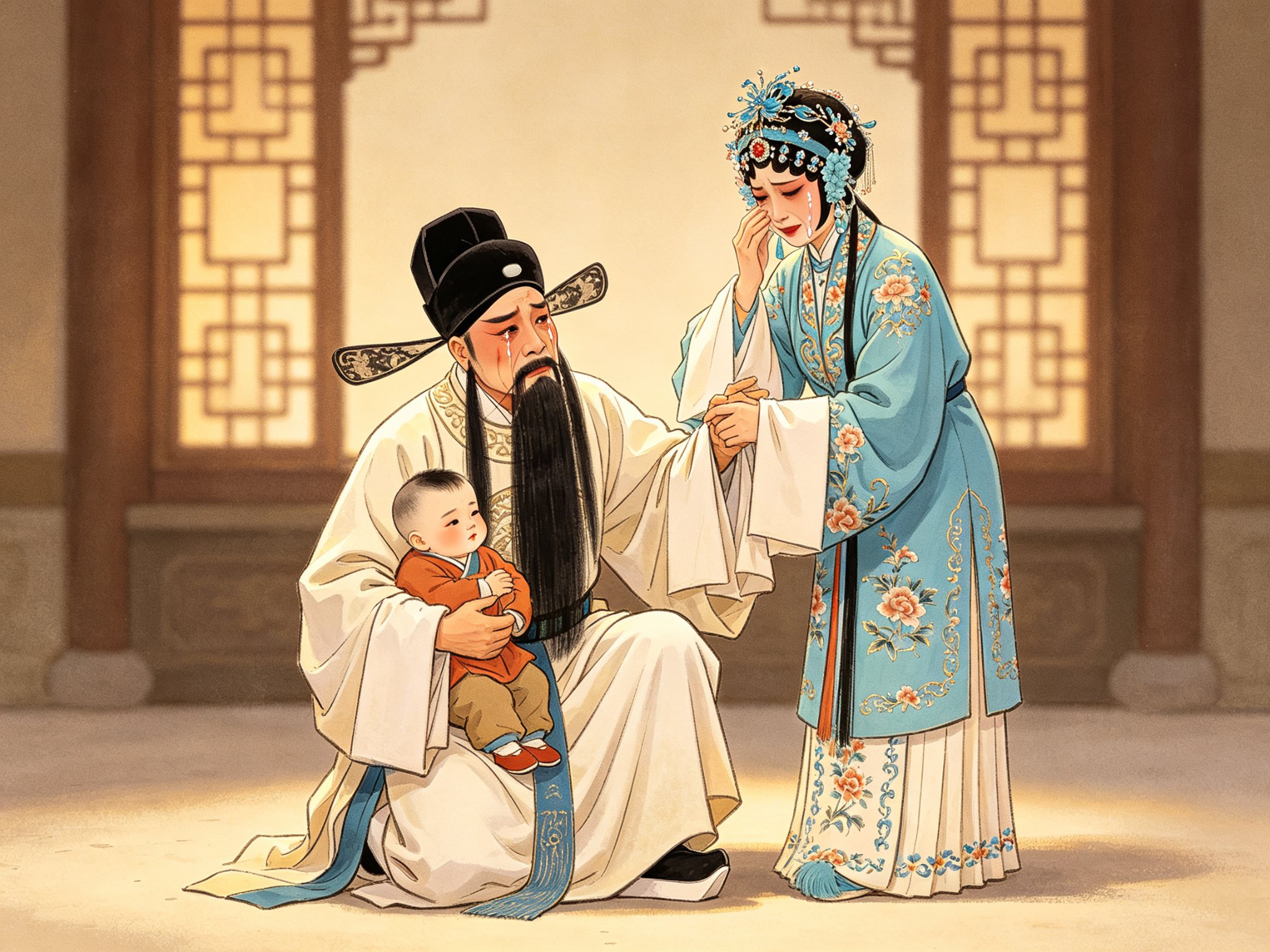 秦腔《二堂舍子》舞台人物群像，须生刘彦昌乌纱官衣挂黑三绺髯跪坐怀抱娃娃生沉香，正旦王桂英湖蓝绣花女帔点翠头面在旁拭泪，二堂木格窗暖光背景