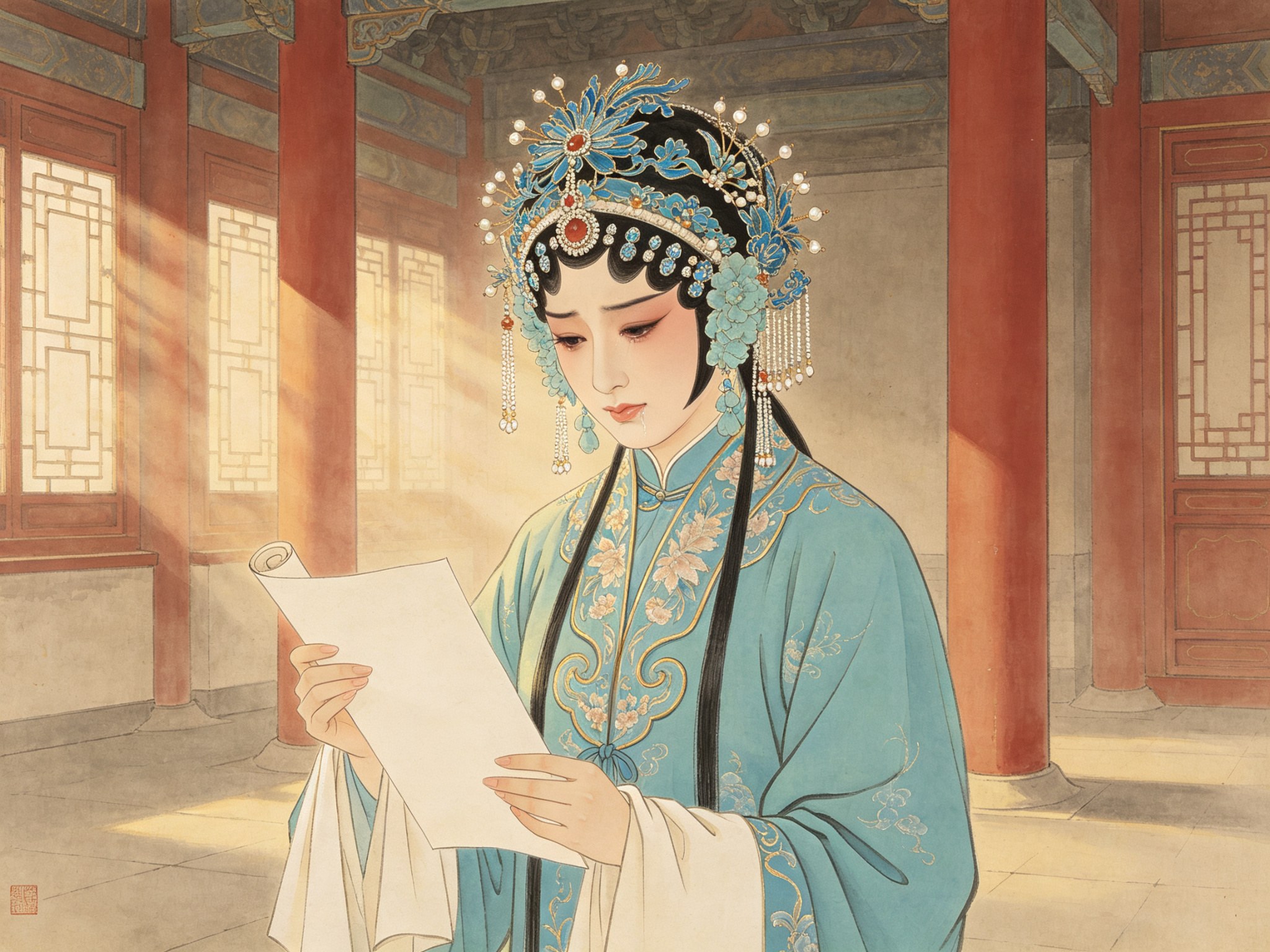 秦腔《法门寺》正小旦演员扮演的宋巧姣造型，头戴点翠头面与珠流苏，着青蓝色绣纹戏曲女帔，双手捧一卷空白状纸，神情悲怆坚忍，背景古寺朱红立柱与花格窗