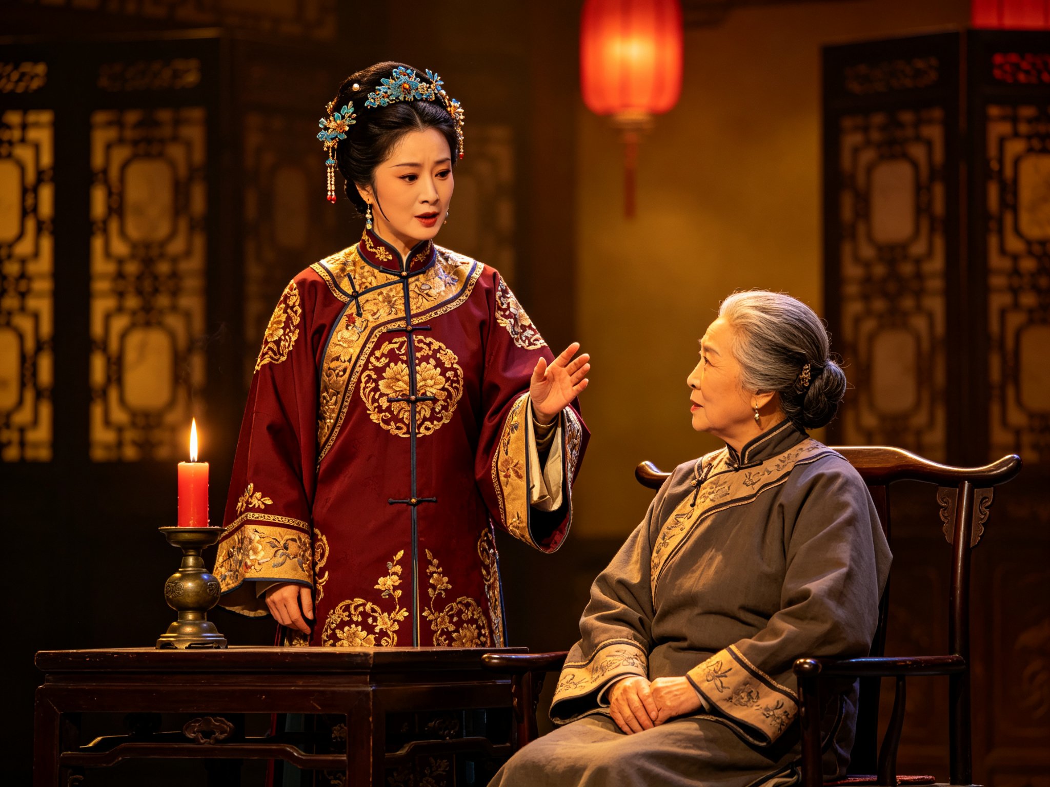 秦腔新编历史剧《关中晓月》舞台人物，清末女秦商商英暗红绣金氅衣点翠头面端立陈辞，对面老妇旗装束发坐太师椅，案上红烛青铜灯台暖光，雕花木隔扇红灯笼背景